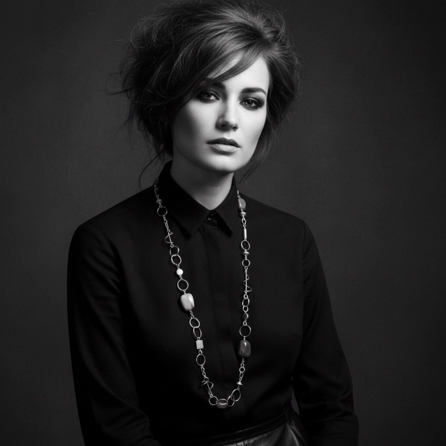 Model wearing Mookaite Jasper necklace in recycled sterling silver 925, 30.5 inch statement piece