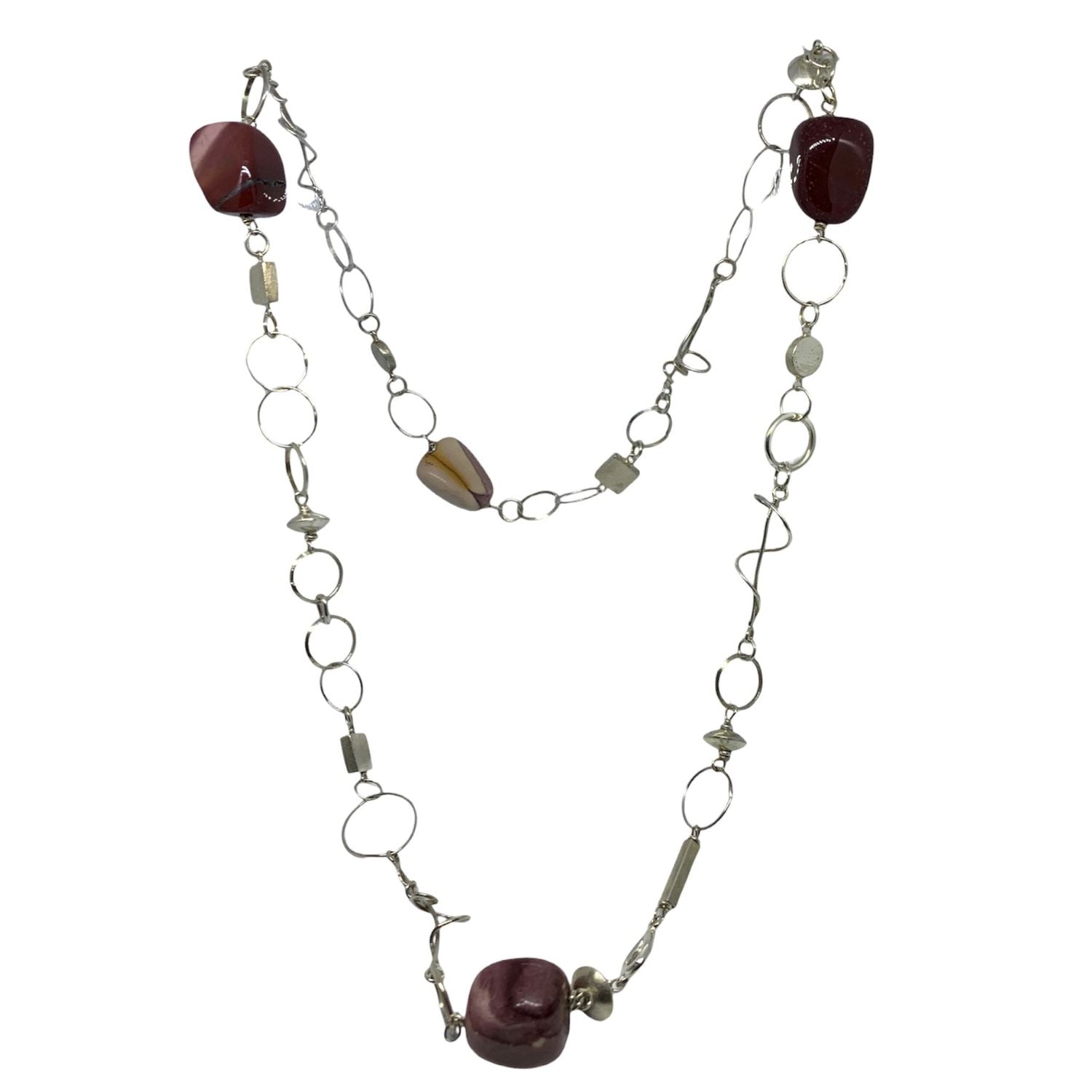 Close-up of Mookaite Jasper stones and geometric recycled sterling silver links, lost wax cast - Tg-Jewellery By Tamara Gervasio