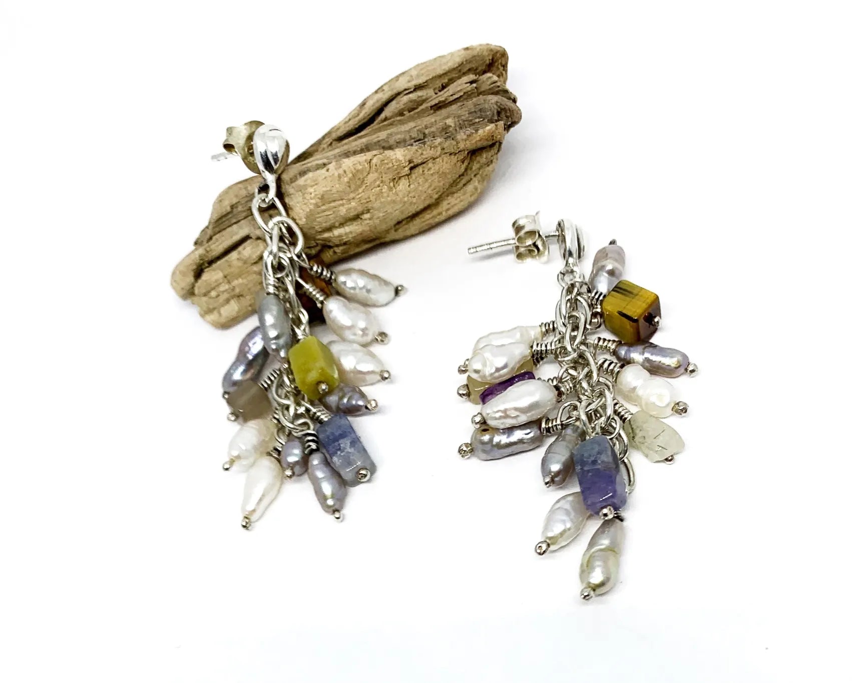 Grappolo Gemstone Drop Earrings with Pearls, Amethyst, Tiger Eye & Sodalite | Sterling Silver - Tg-Jewellery By Tamara Gervasio
