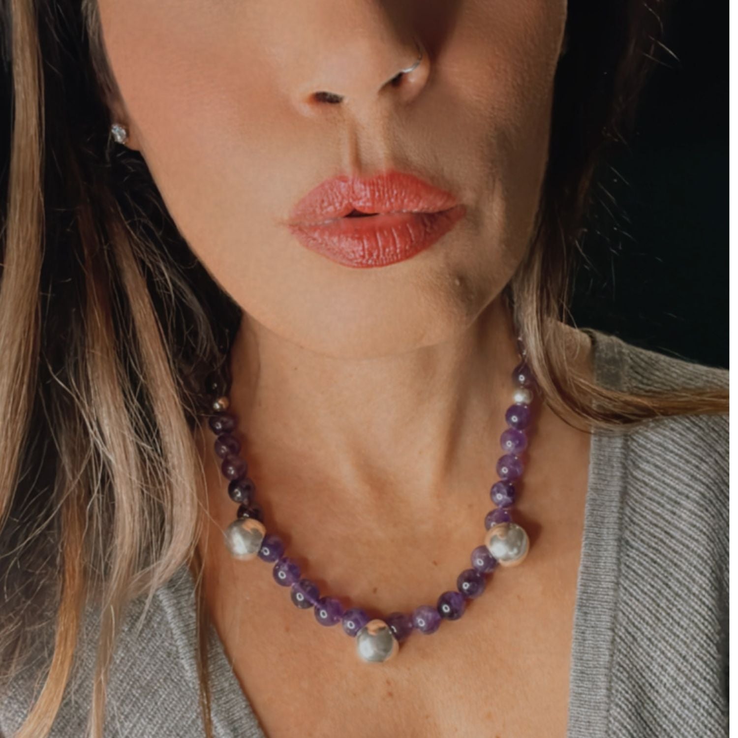 Amethyst Necklace with Sterling Silver Beads – 18 Inches