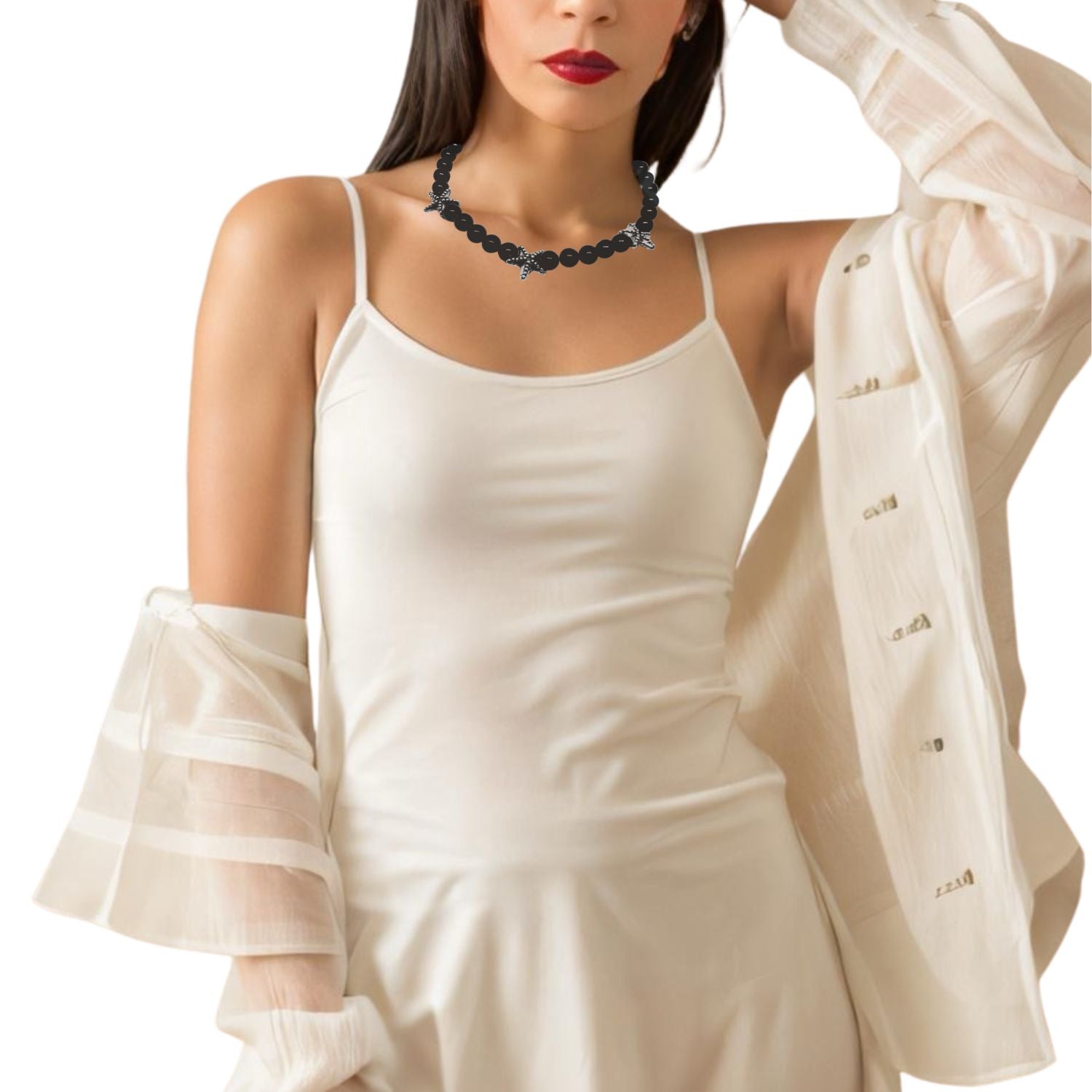 Handmade Starfish In Sterling Silver Necklace With Onyx Beads - Tg-Jewellery By Tamara Gervasio