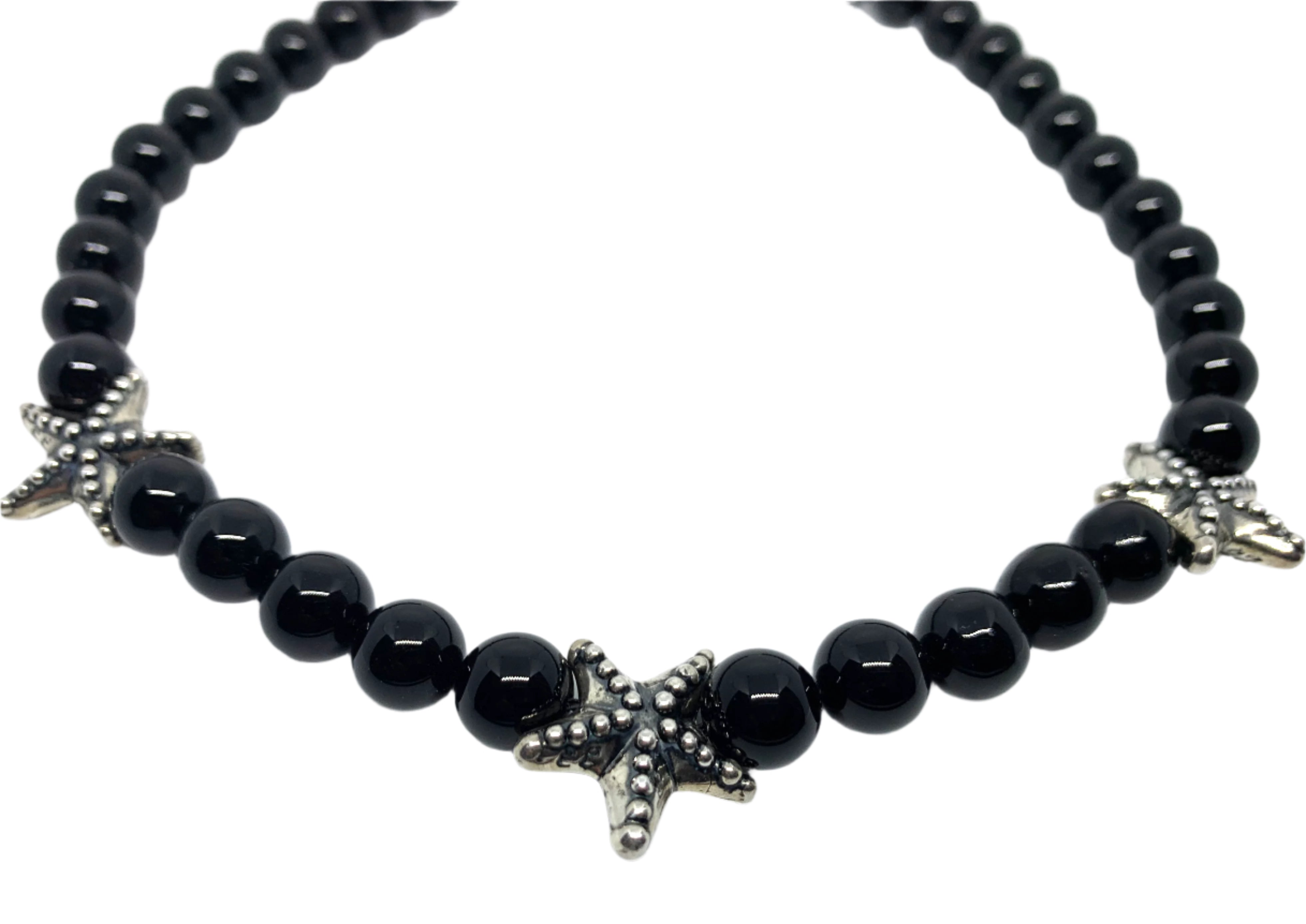 Handmade Starfish In Sterling Silver Necklace With Onyx Beads - Tg-Jewellery By Tamara Gervasio