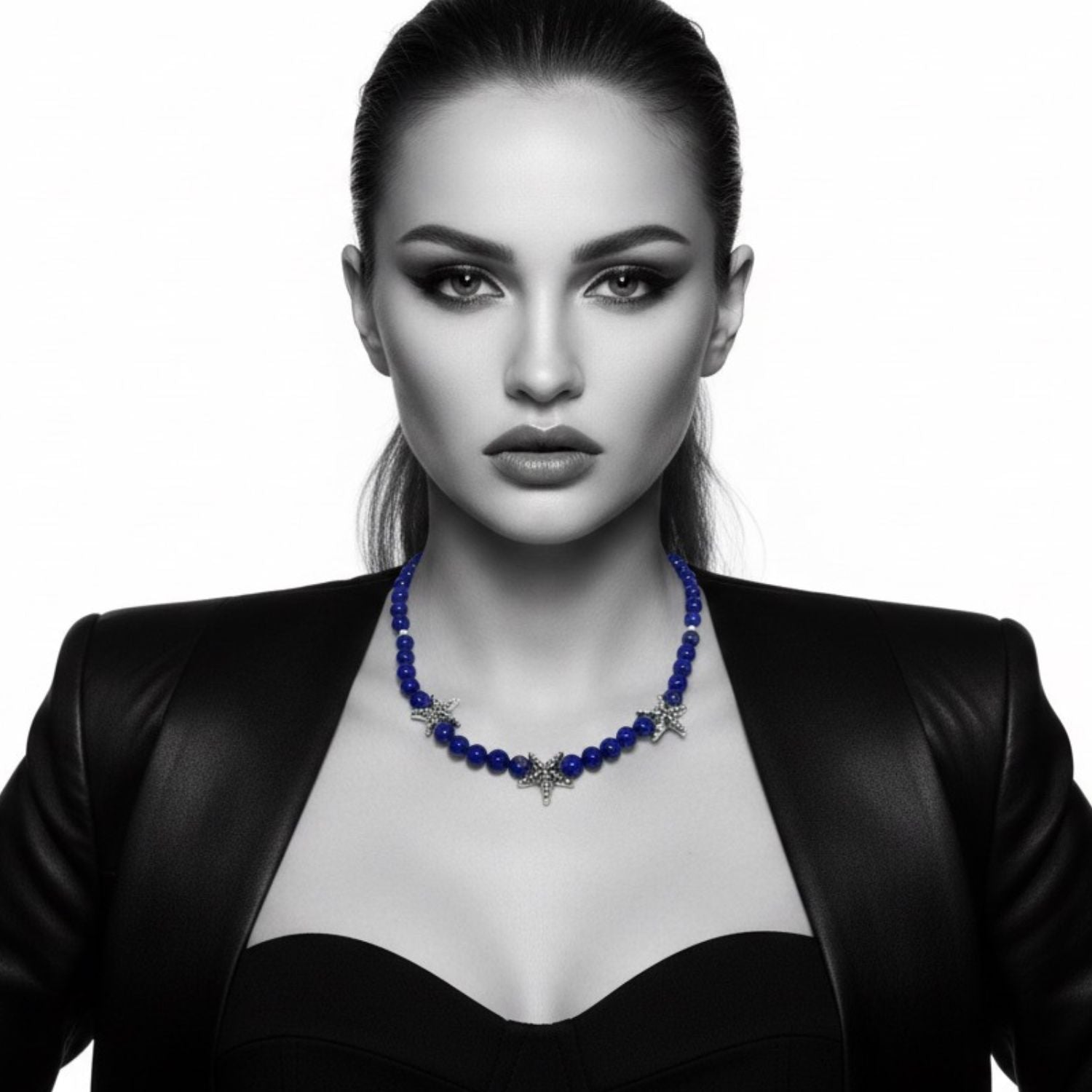 Handmade Lapis Lazuli Beads Necklace with Sterling Silver Starfish