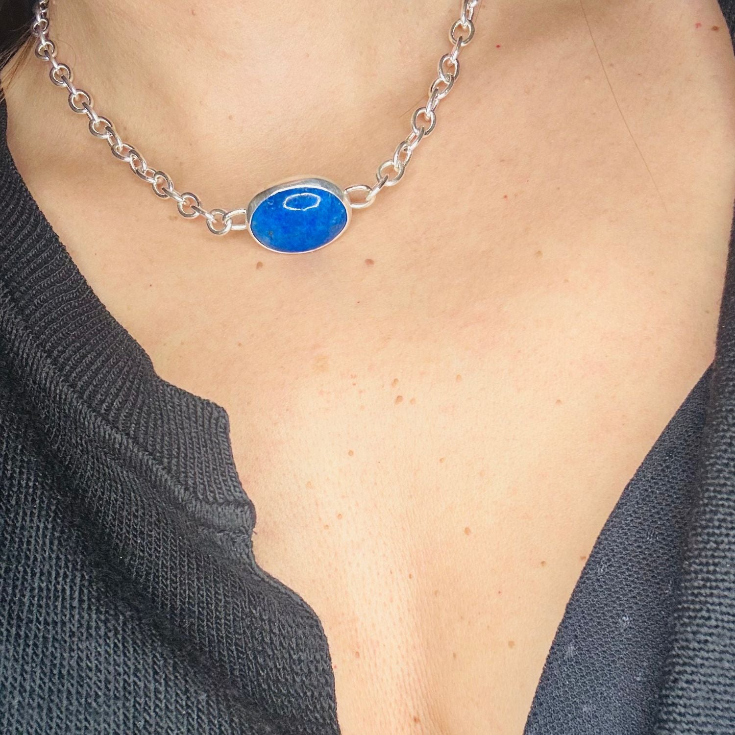 Lapis Lazuli Choker Necklace – Sterling Silver Oval Chain - Tg-Jewellery By Tamara Gervasio