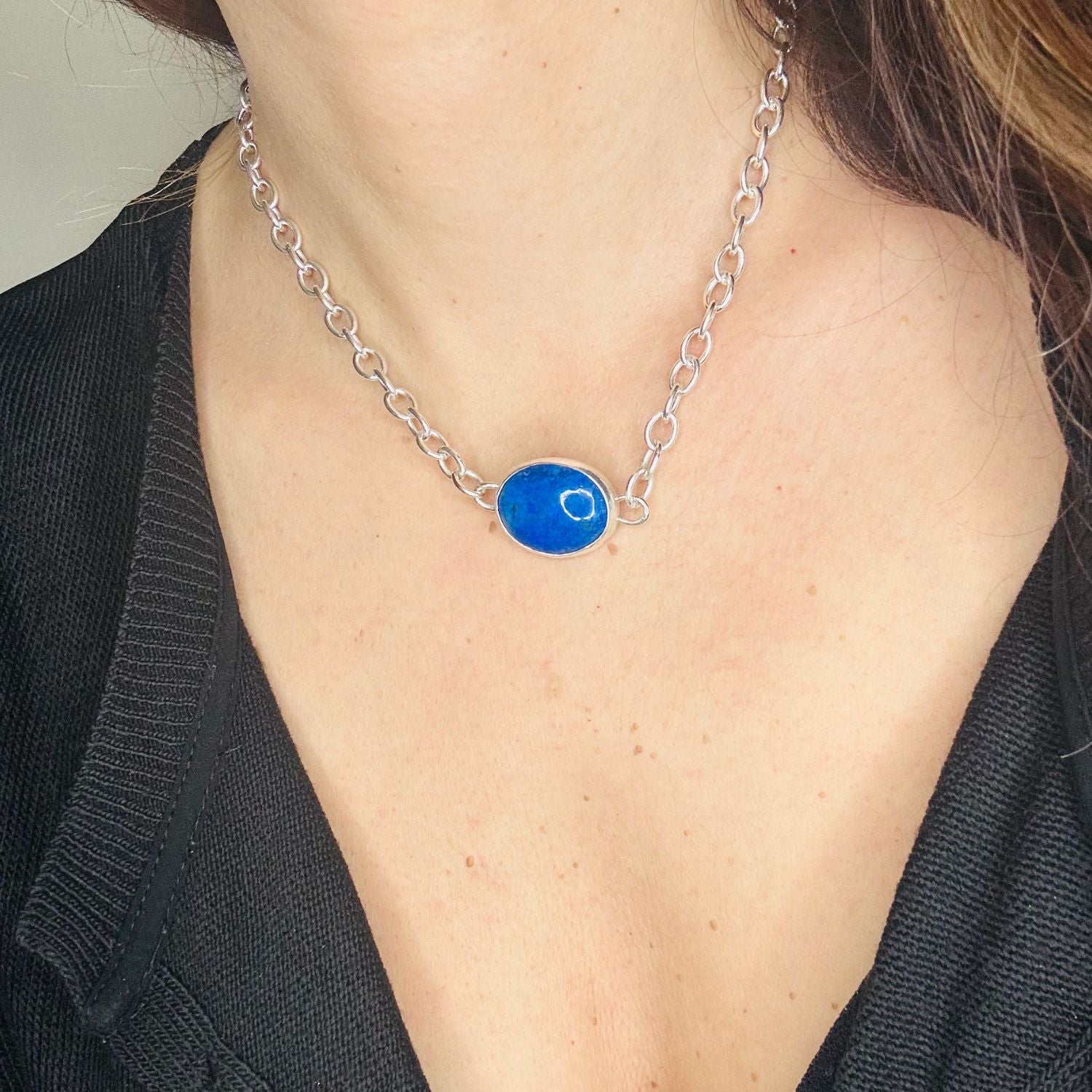 Lapis Lazuli Choker Necklace – Sterling Silver Oval Chain - Tg-Jewellery By Tamara Gervasio