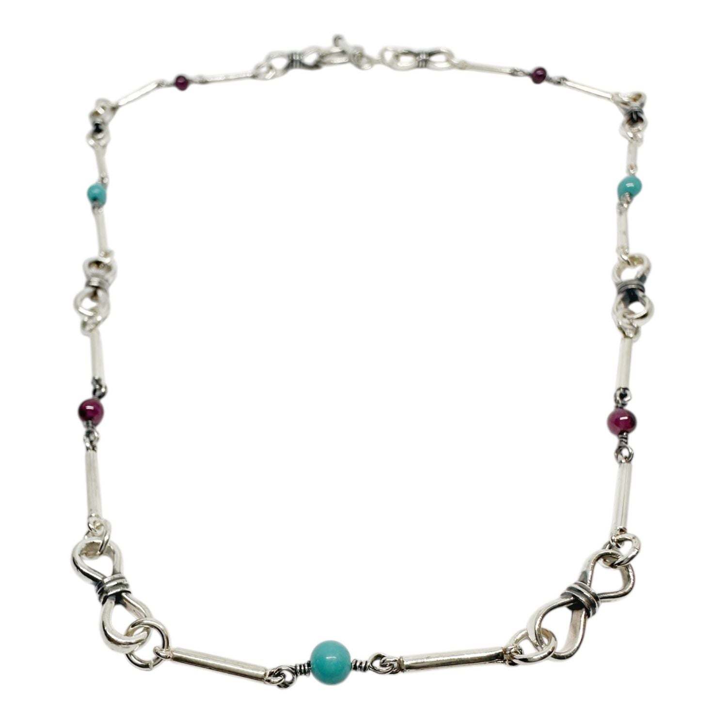 Sterling Silver Necklace with Garnet & Turquoise Beads - One Of A Kind