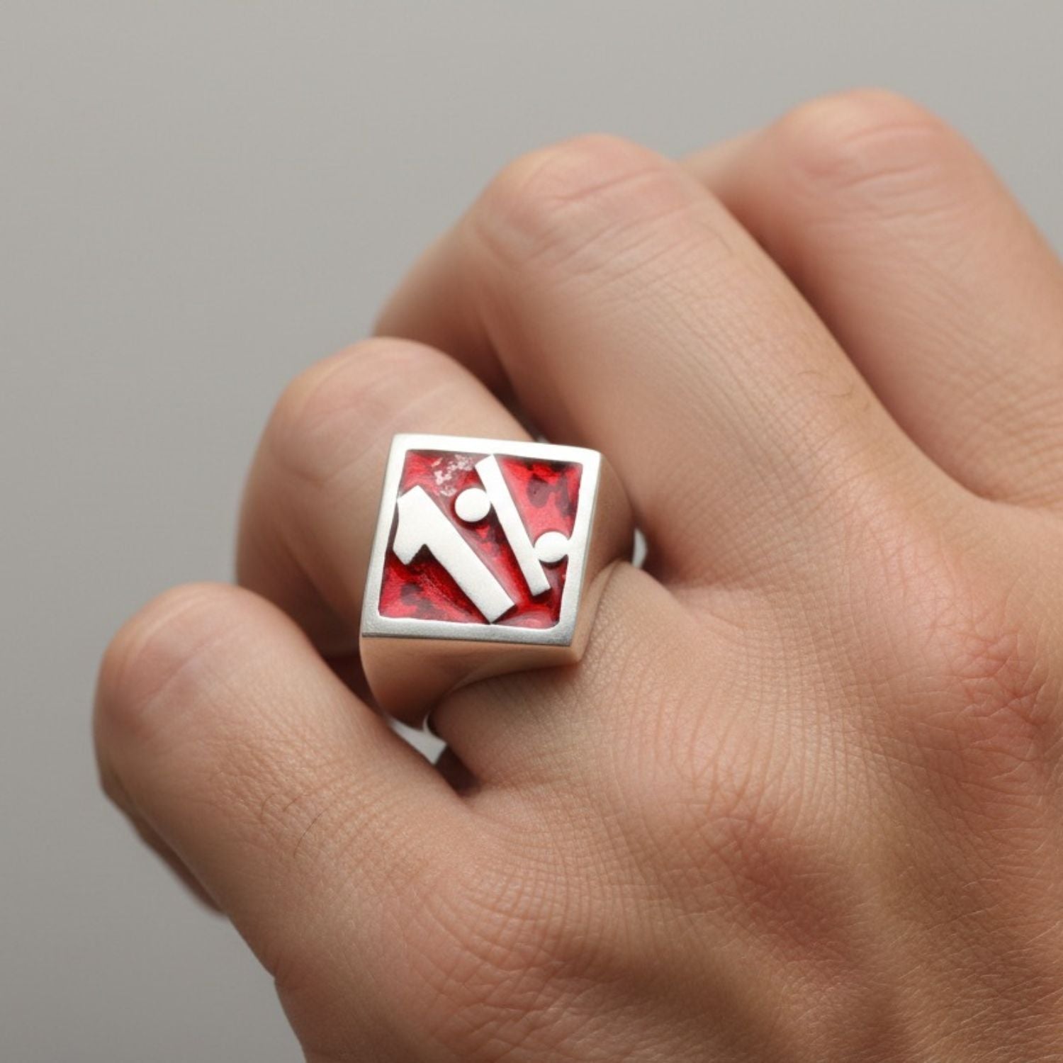 Chunky Sterling Silver "1%" Ring – Red Marble Enamel- One of A Kind