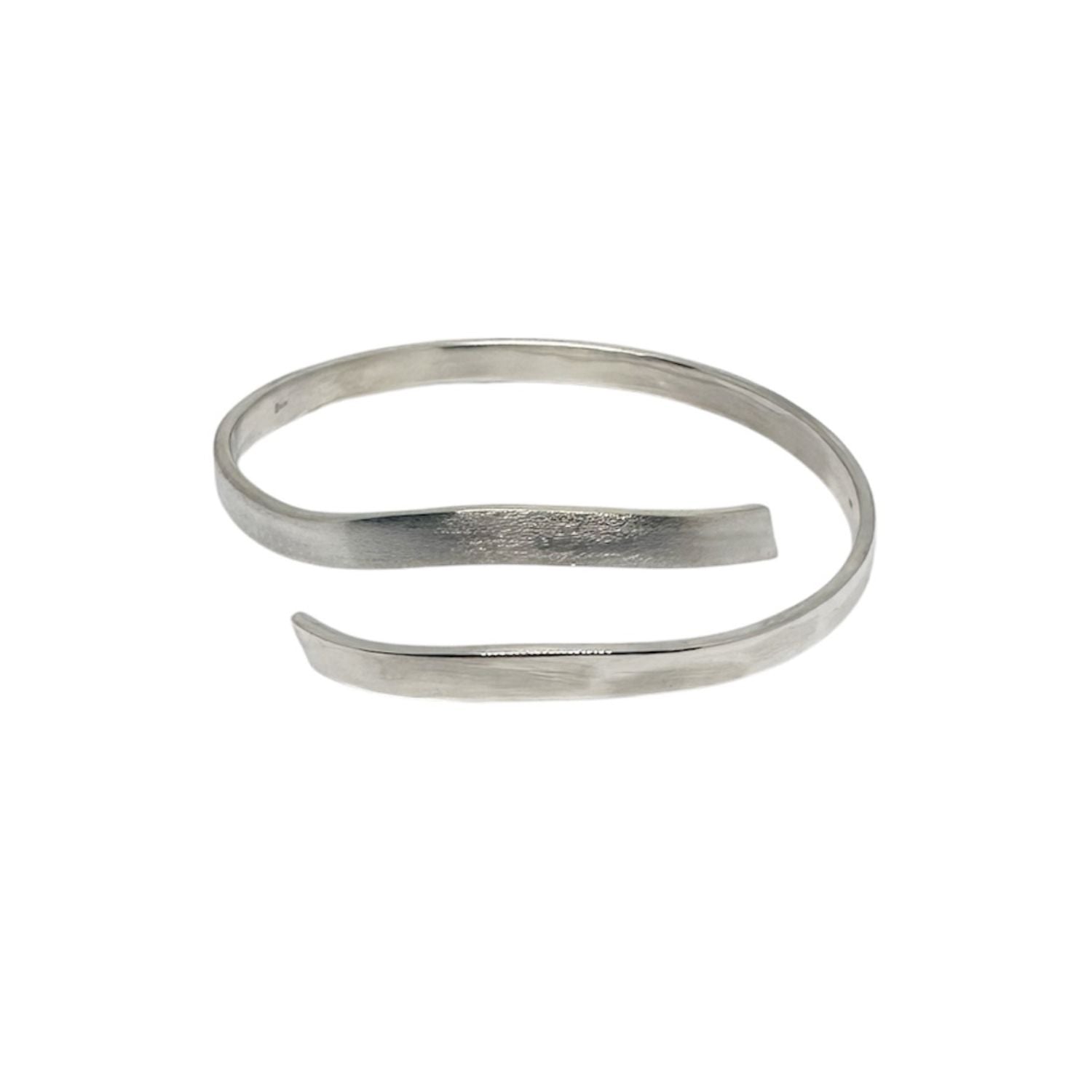 One-of-a-kind recycled sterling silver 925 open bangle, brushed matte with polished edges, hand-formed in Cornwall by TG-Jewellery