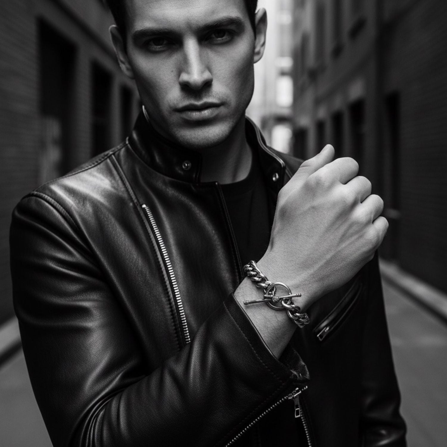 Model wearing round curb chain bracelet with skeletal hand T-bar in sterling silver 925 – Tg-Jewellery by Tamara Gervasio