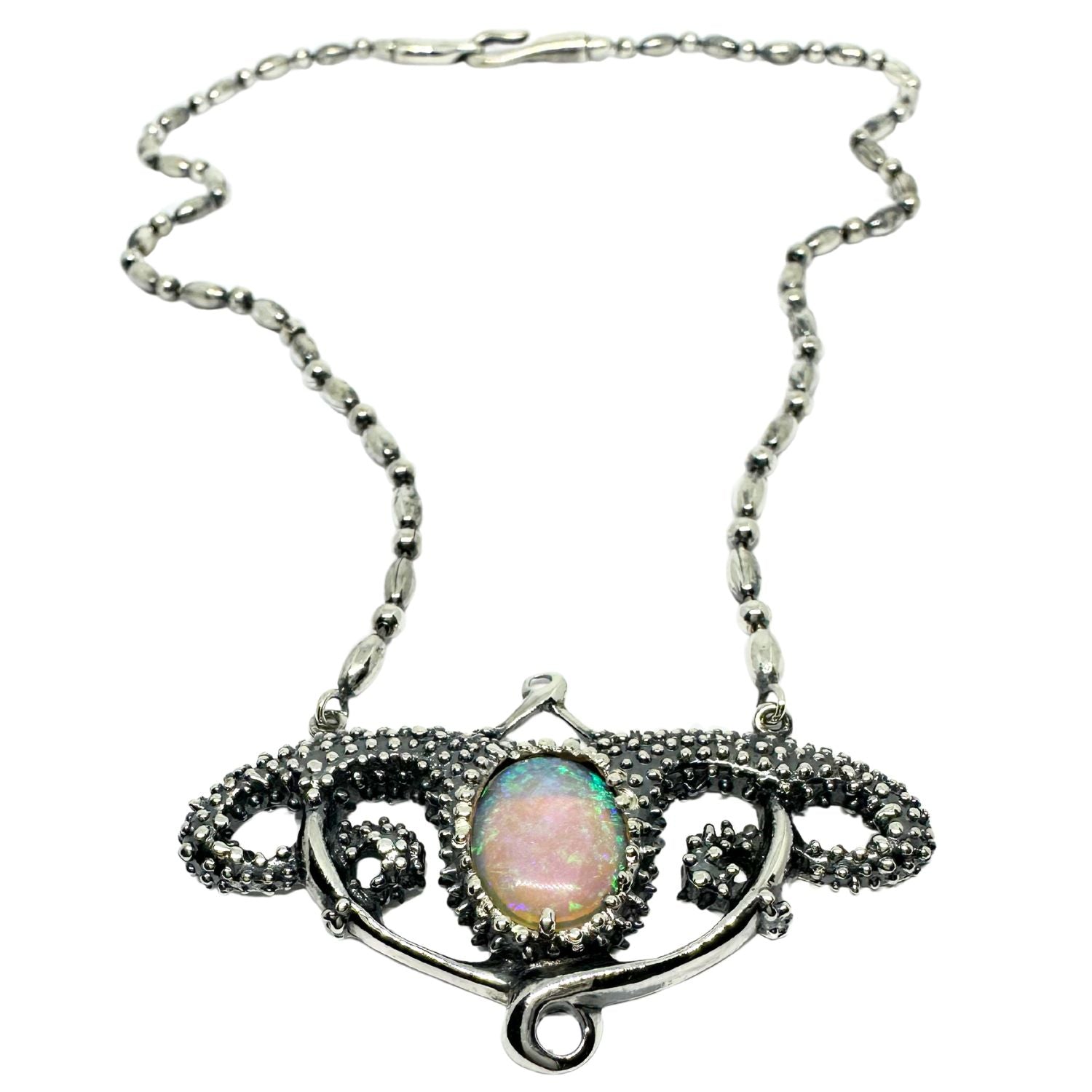Sea Urchin Pendant Necklace in sterling silver 925 with fire opal – oxidised finish, handmade by Tamara Gervasio, Cornwall