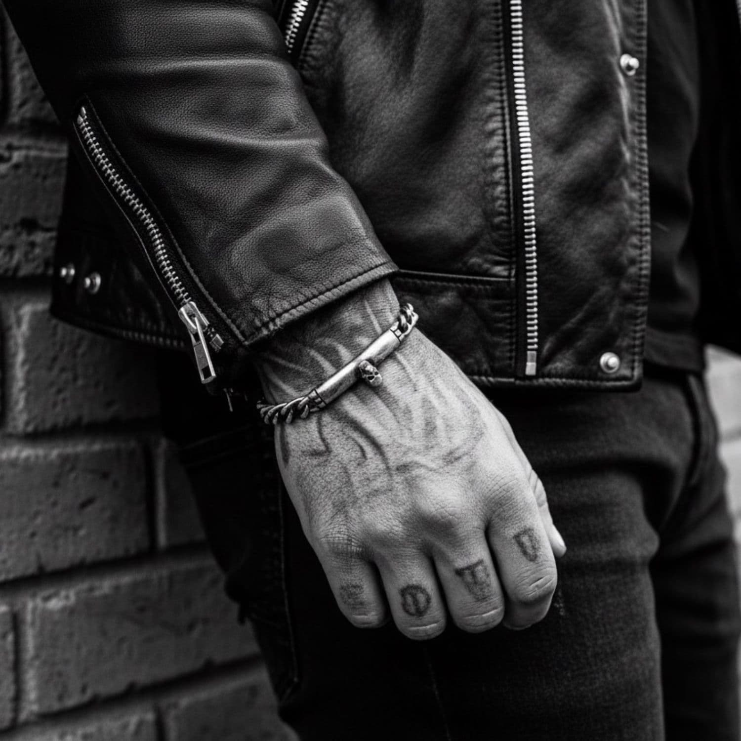 Model wearing skull plate round curb chain bracelet in sterling silver 925 – Tg-Jewellery by Tamara Gervasio