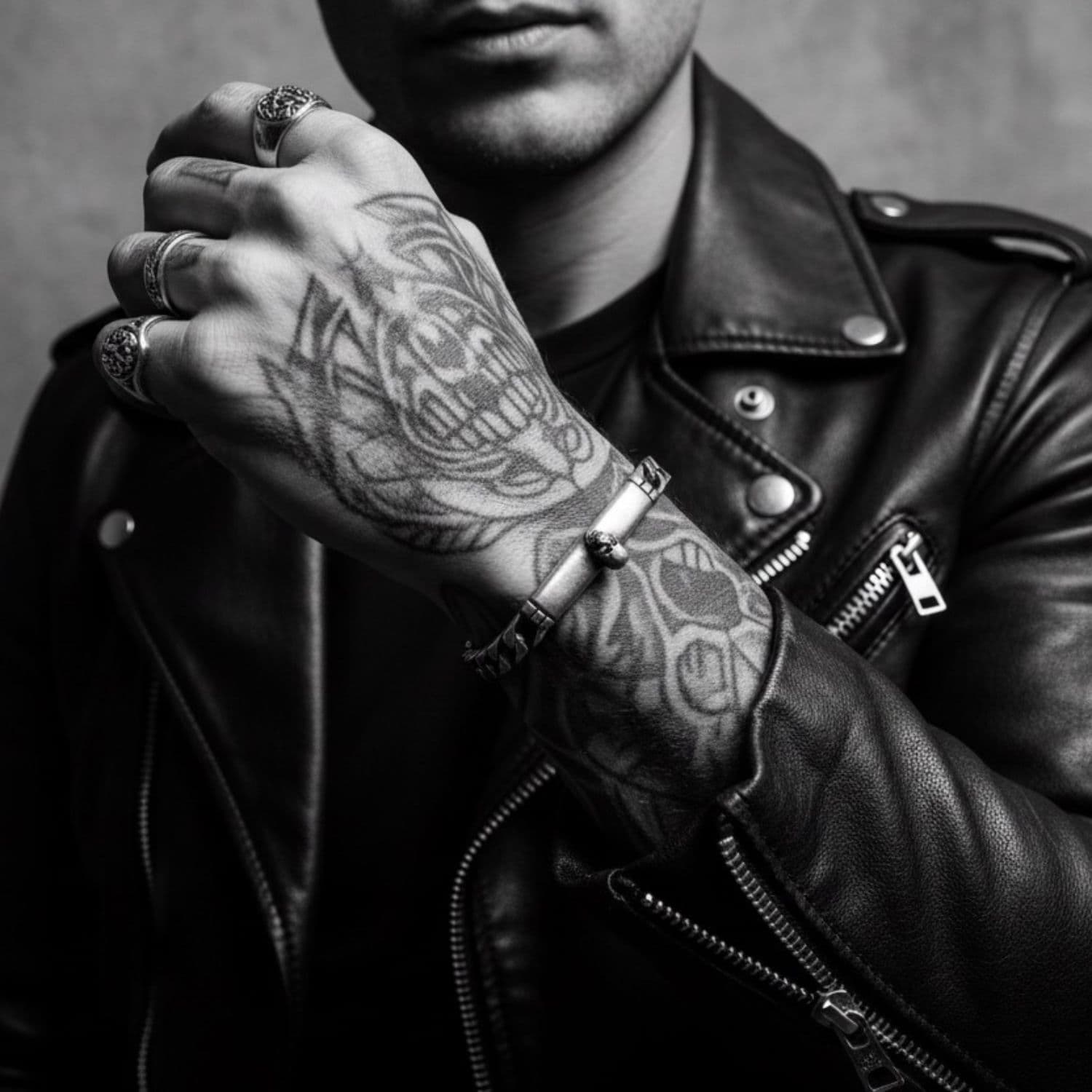 Model wearing men's skull T-bar curb chain bracelet in sterling silver 925 – Tg-Jewellery by Tamara Gervasio