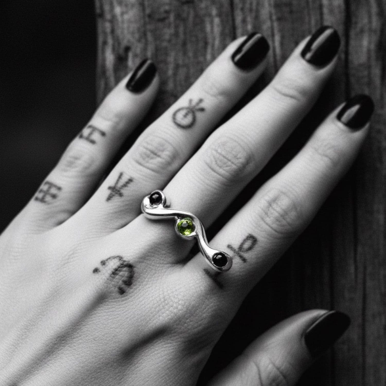 Model wearing sterling silver 925 snake ring with mixed cabochon gemstones – TG-Jewellery
