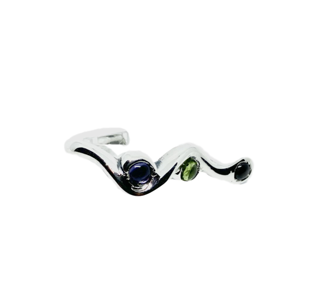 Handcrafted sterling silver 925 snake ring with iolite, peridot and cat's eye cabochon gemstones adjustable 30.61mm - Tg-Jewellery By Tamara Gervasio