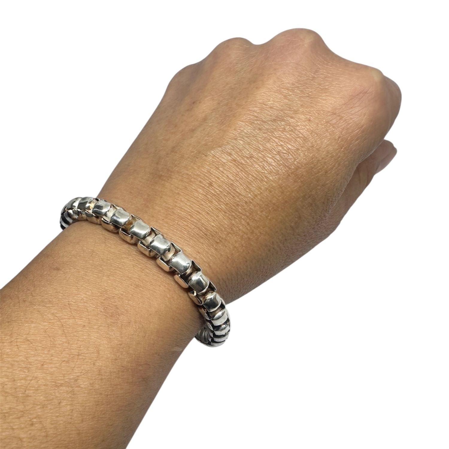 Men's sterling silver box chain bracelet flat lay – minimal sculptural design, UK hallmarked, 55.5g
