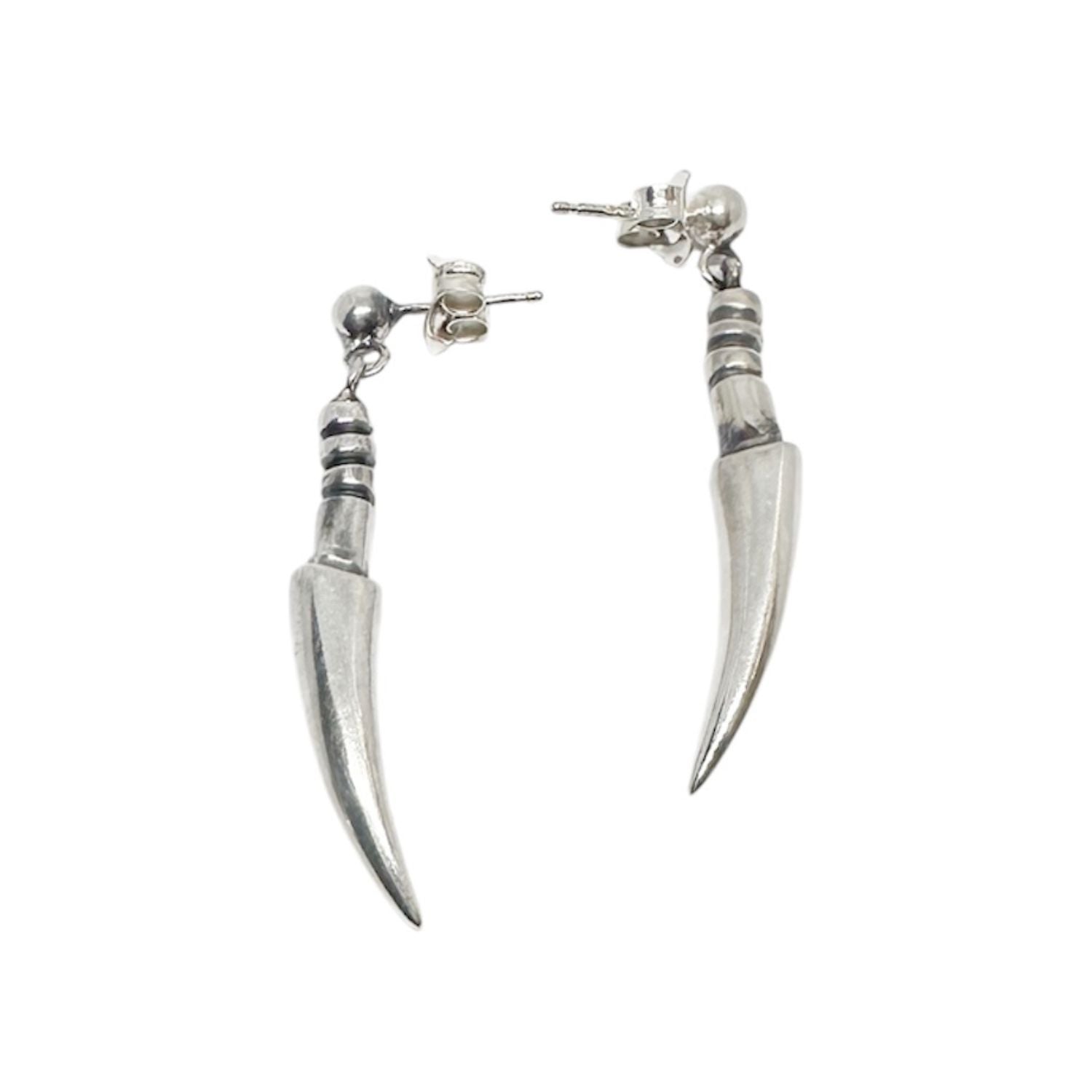 Spina sculptural dangle earrings in solid 925 sterling silver, H.R. Giger-inspired biomechanical design, handmade in Cornwall by TG-Jewellery