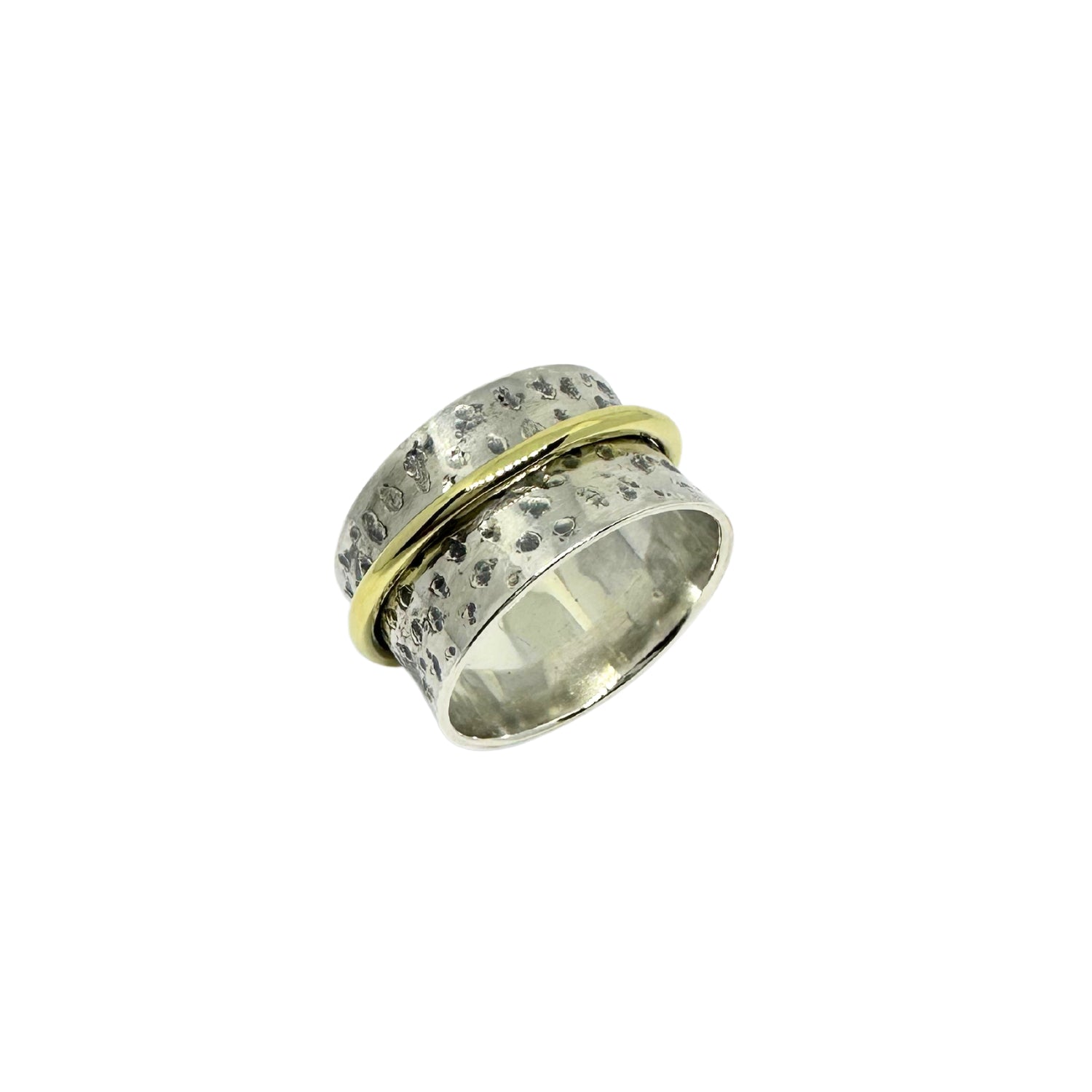 Recycled sterling silver 925 and brass spinner ring, 14.25mm wide, oxidised and polished finish, handmade in Cornwall