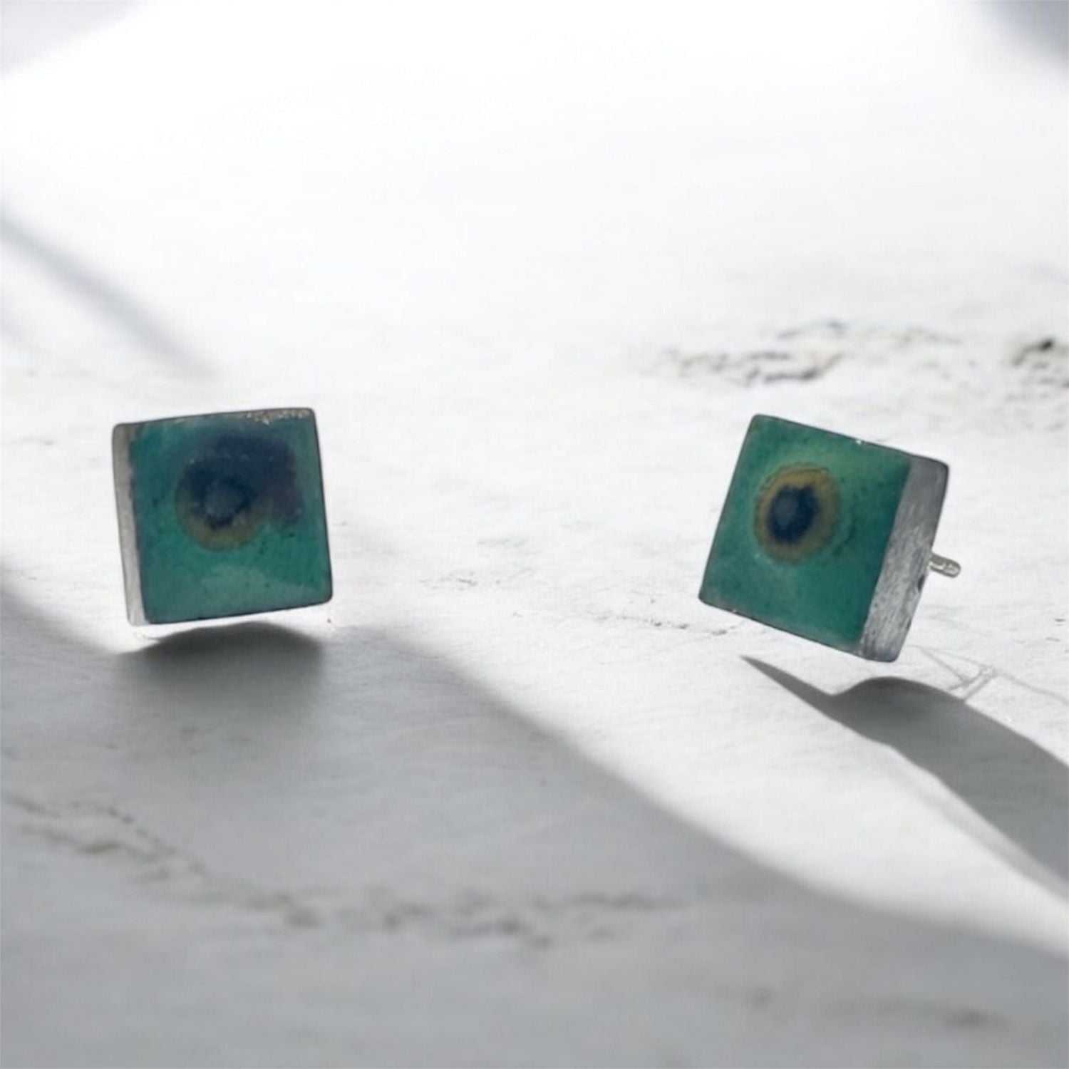 Handcrafted sterling silver 925 square stud earrings with green enamel, one of a kind, SKU TGe63 – TG-Jewellery