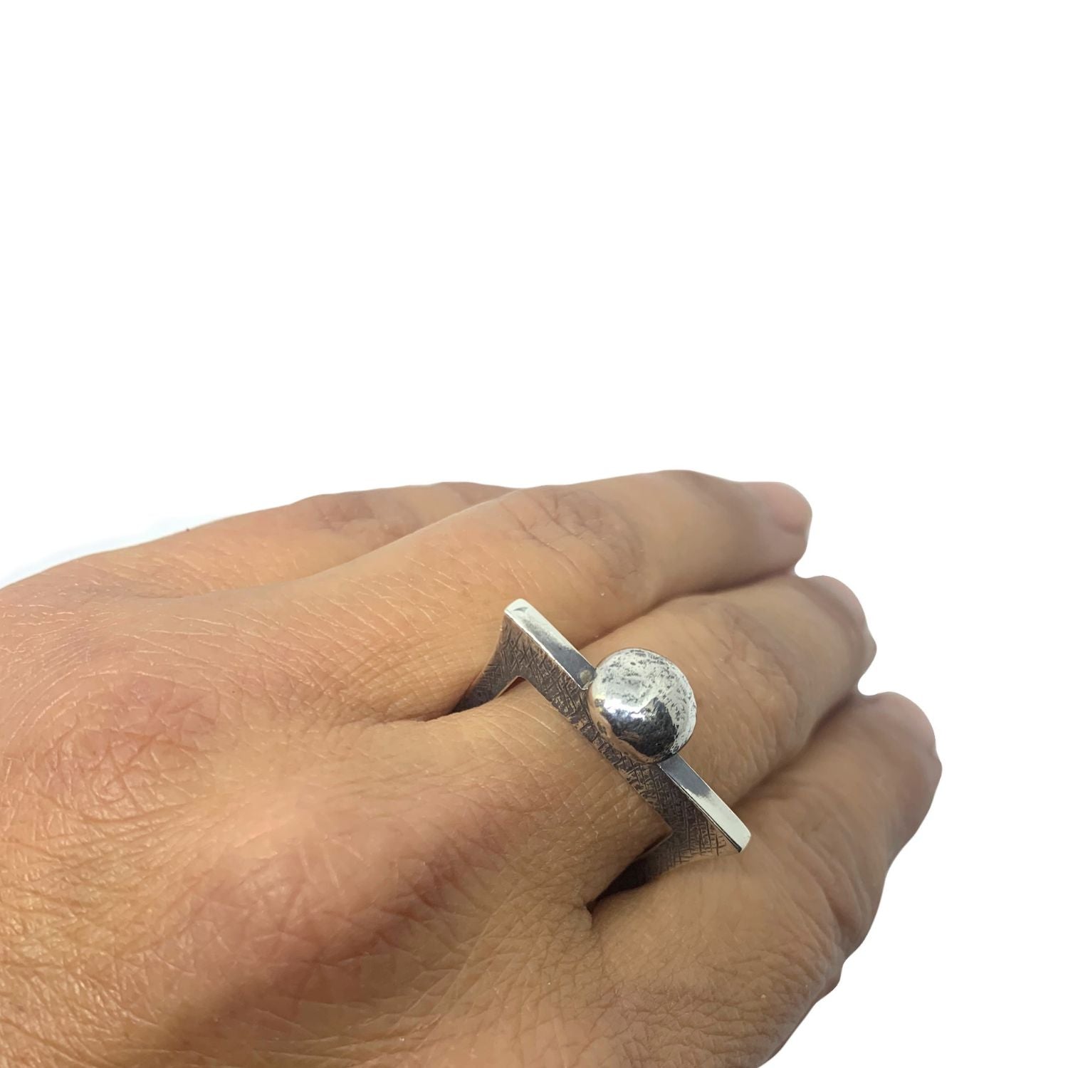 Close-up of recycled silver pebble detail on square band, lost wax cast, handmade in Cornwall- Tg-Jewellery By Tamara Gervasio