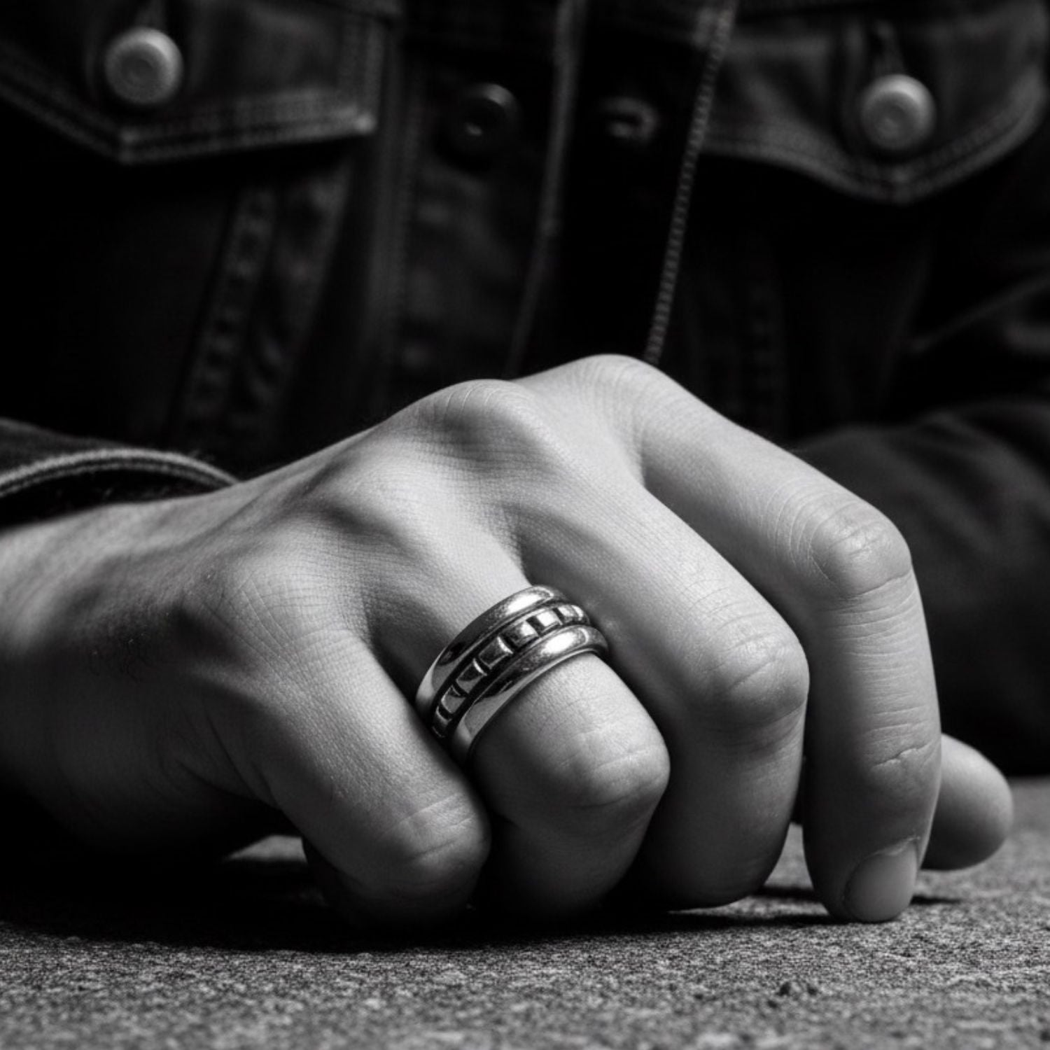 Model wearing sterling silver 925 square ring for men, showing bold architectural presence and scale on hand