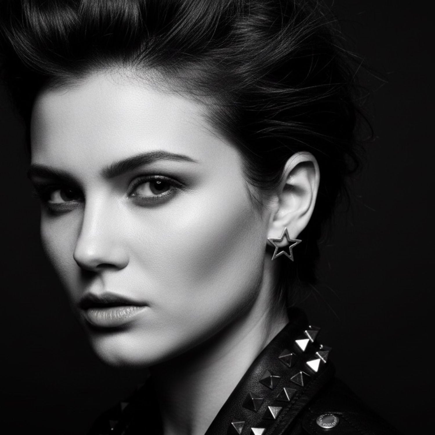 Model wearing sterling silver 925 star stud earrings, showing scale and sculptural geometric presence