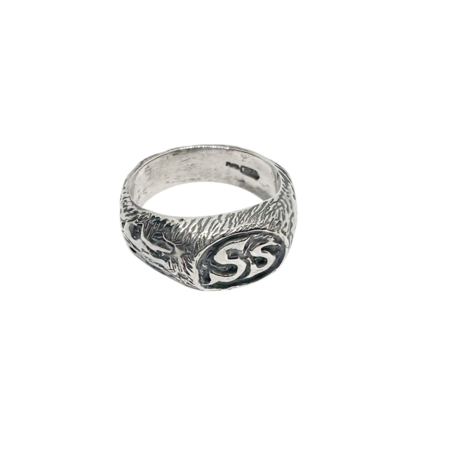 Strength and Spirit signet ring in sterling silver 925, front view, oxidised finish with engraved SS initials