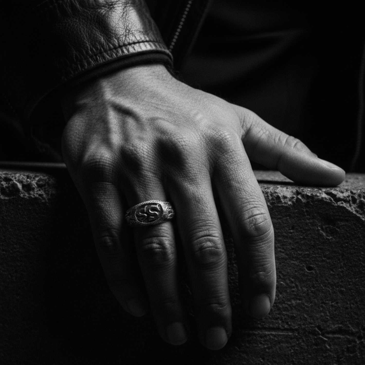 Strength and Spirit signet ring worn on hand, hand-carved sterling silver 925, lost wax technique