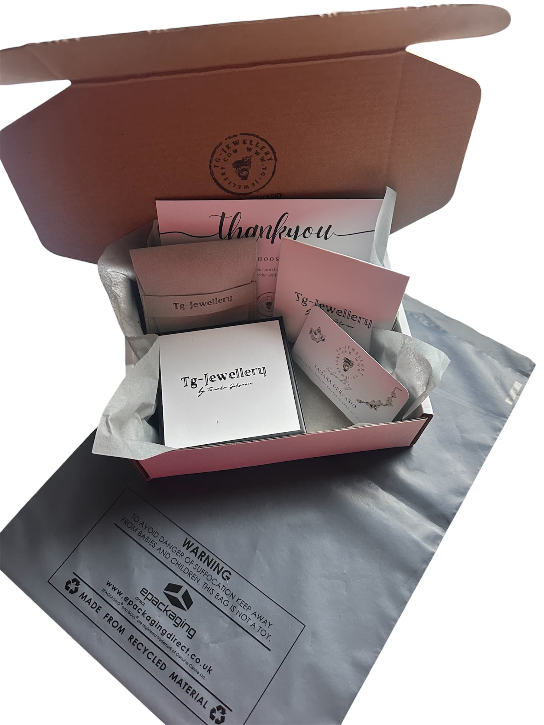 Jewellery packaging box with 'TJ Jewellery' branding on a white background