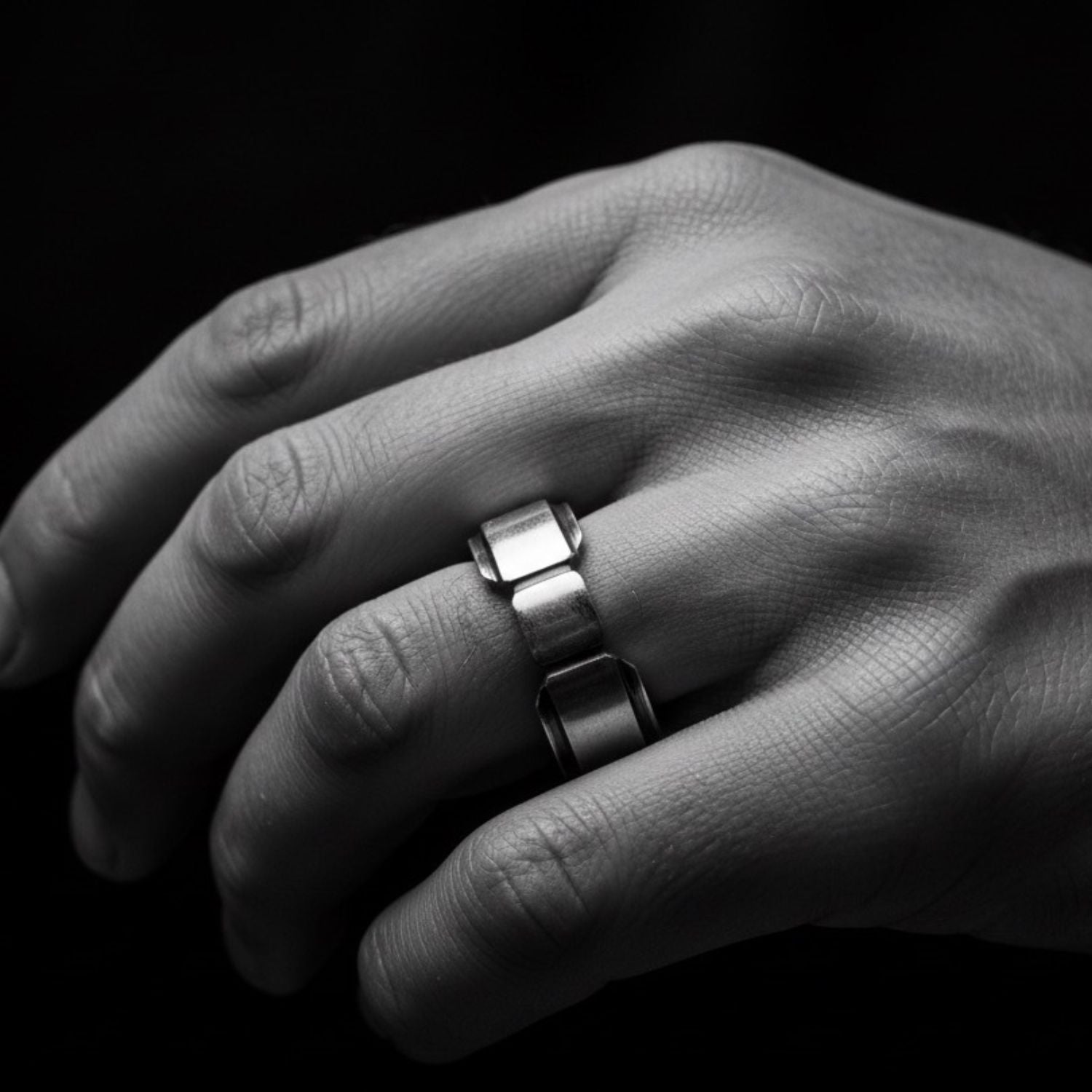 Geometric sterling silver statement ring worn on hand, bold architectural design with polished and darkened recesses — Tg-Jewellery