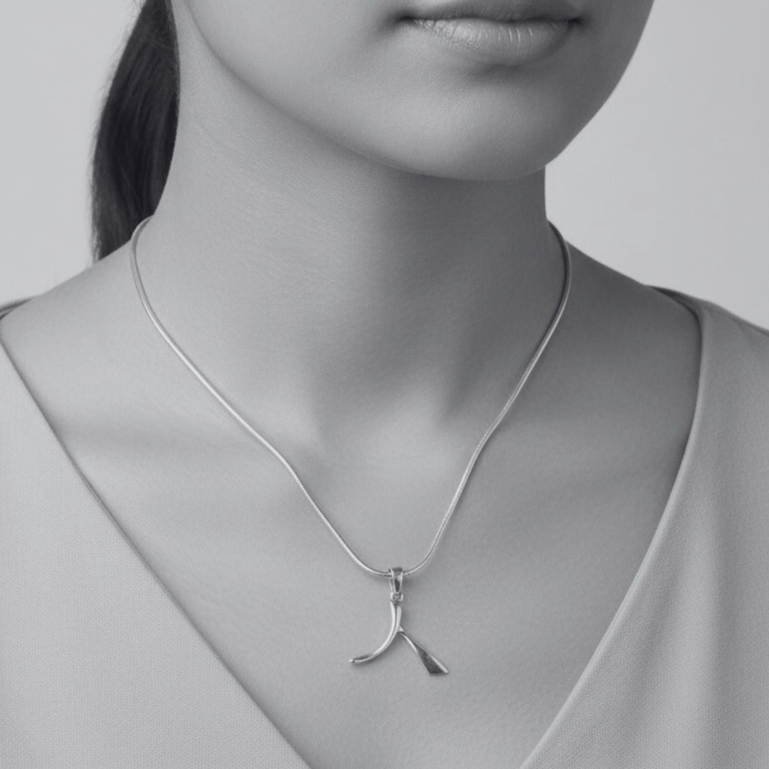 Unisex Kanji Person sterling silver pendant necklace worn, showing oxidised contrast finish and polished snake chain, Tg-Jewellery Cornwall