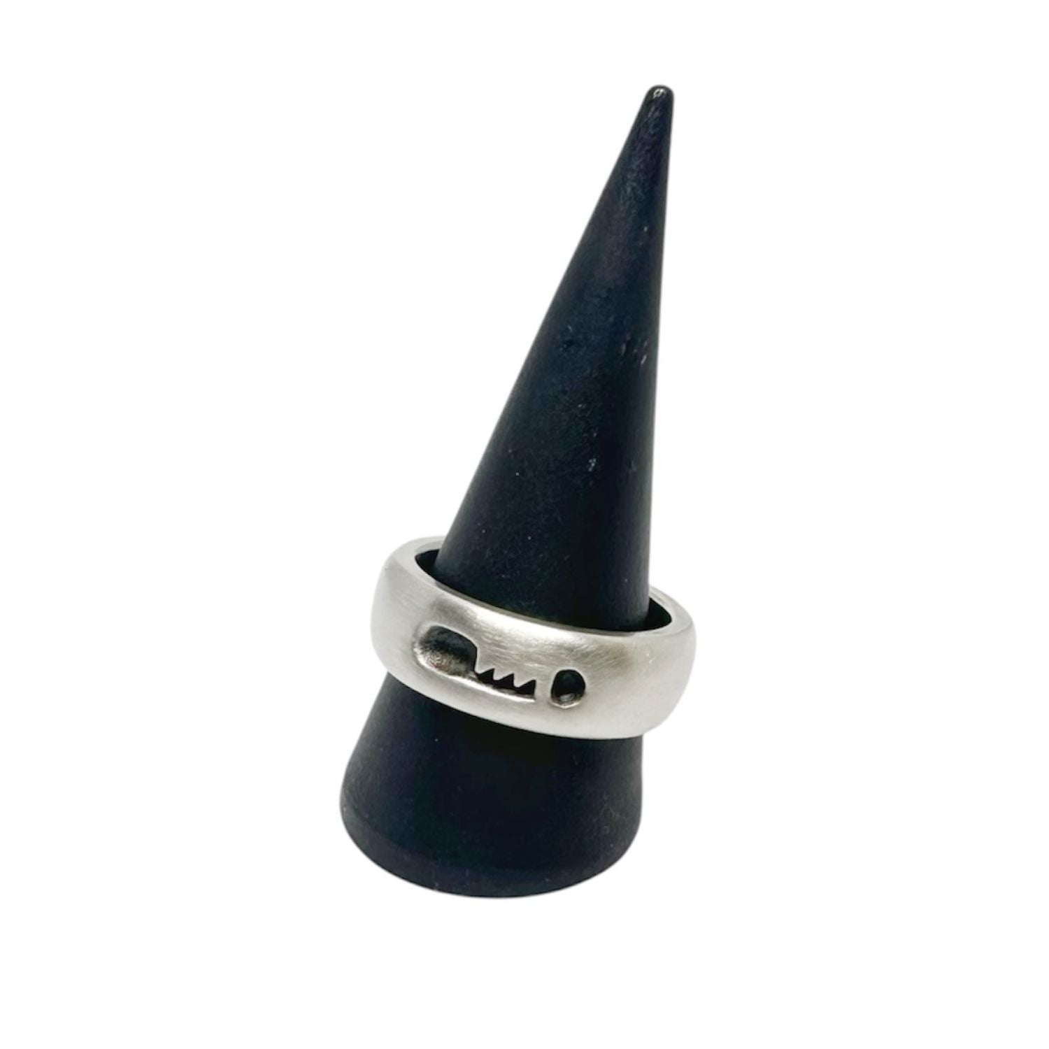 Key to Silence men's sterling silver ring worn, showing oxidised satin and polished contrast finish, Tg-Jewellery Cornwall