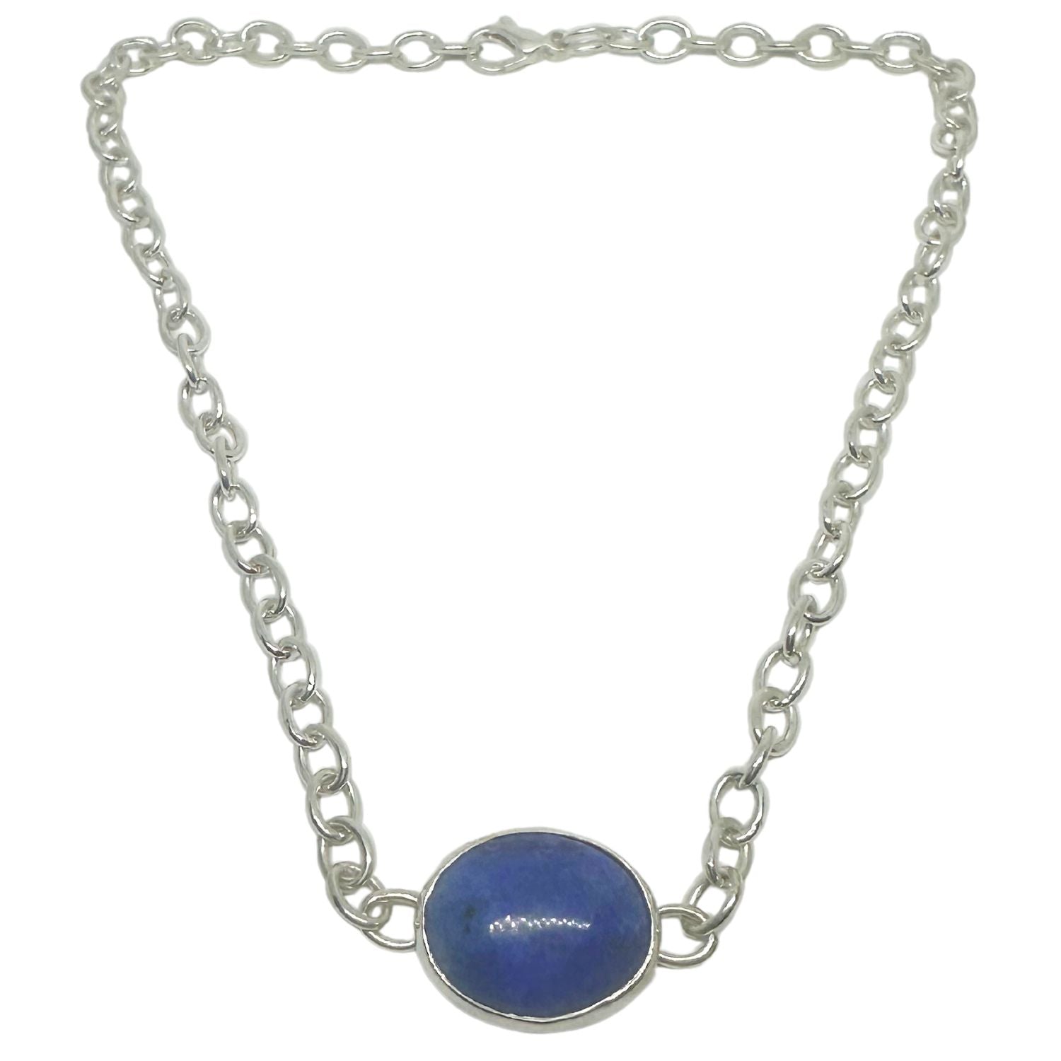 Lapis lazuli choker necklace in sterling silver oval chain, 23.5×18.5mm cabochon in handmade bezel setting, 23.8g, UK hallmarked - Tg-Jewellery By Tamara Gervasio
