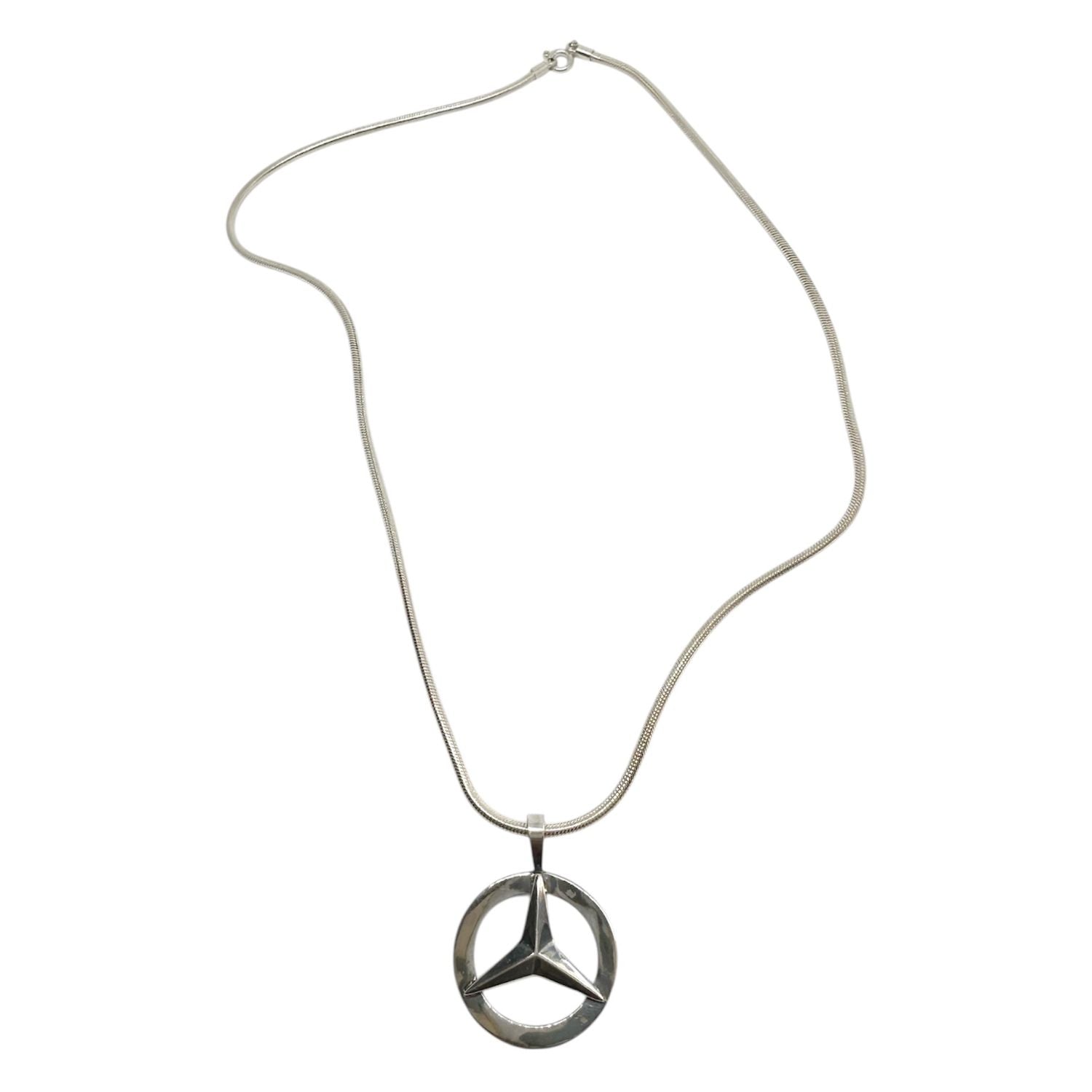 Mercedes symbol pendant necklace in sterling silver 925, oxidised and polished finish, 48cm snake chain, handcrafted by Tg-Jewellery