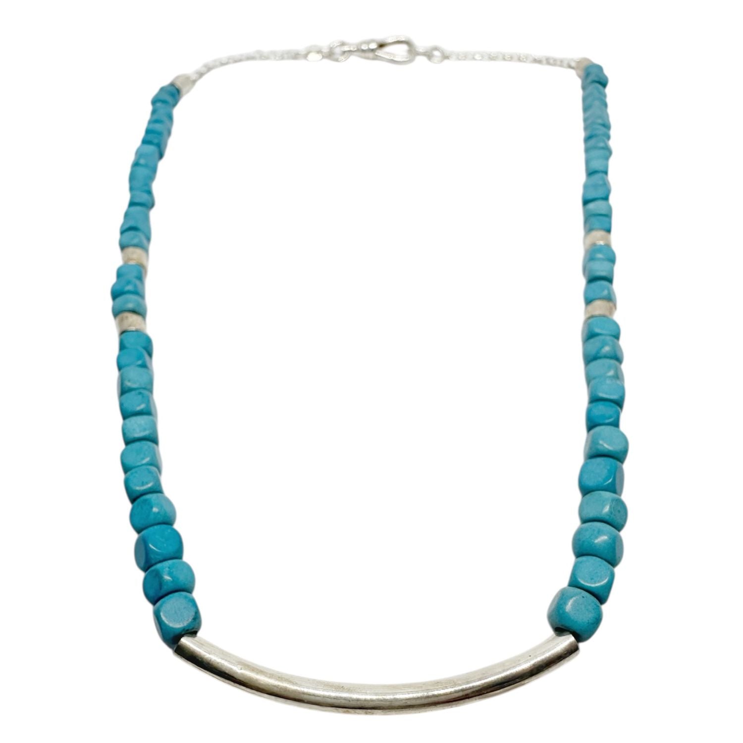 Close-up of cube-cut natural turquoise stones set in sterling silver necklace by Tg-Jewellery