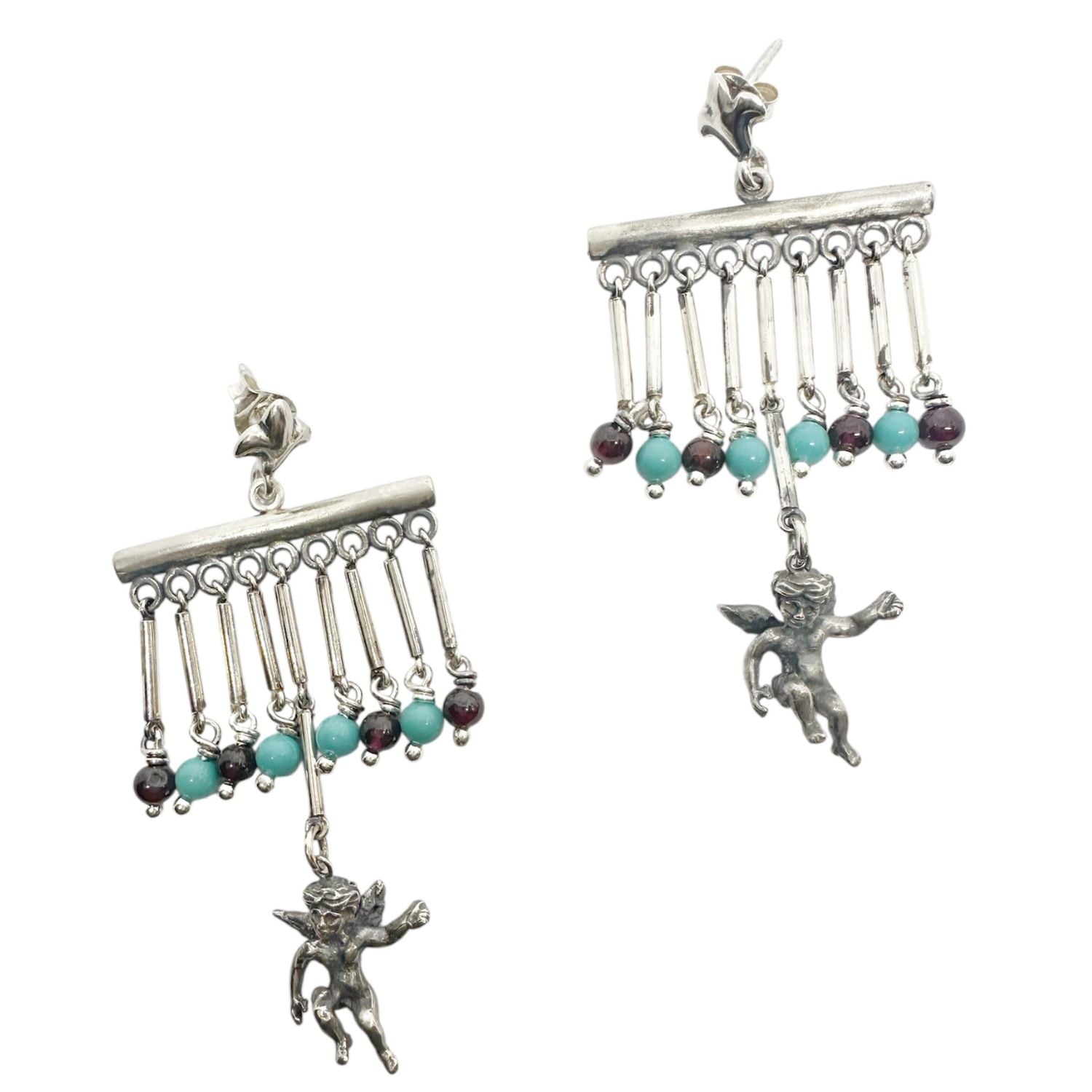 Sterling Silver Cherub Chandelier Earrings with Garnet & Turquoise – Lost Wax Carving