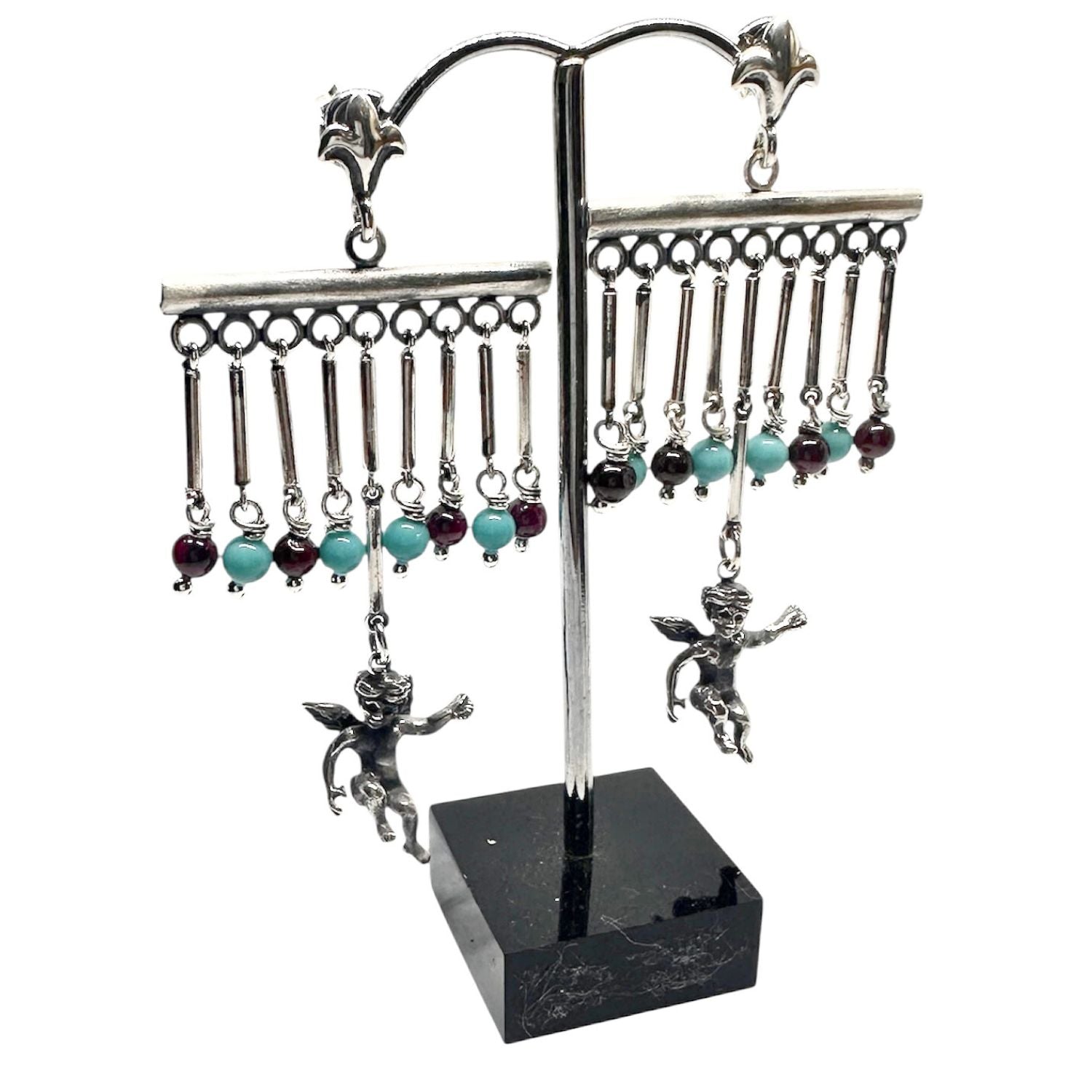 Sterling Silver Cherub Chandelier Earrings with Garnet & Turquoise – Lost Wax Carving
