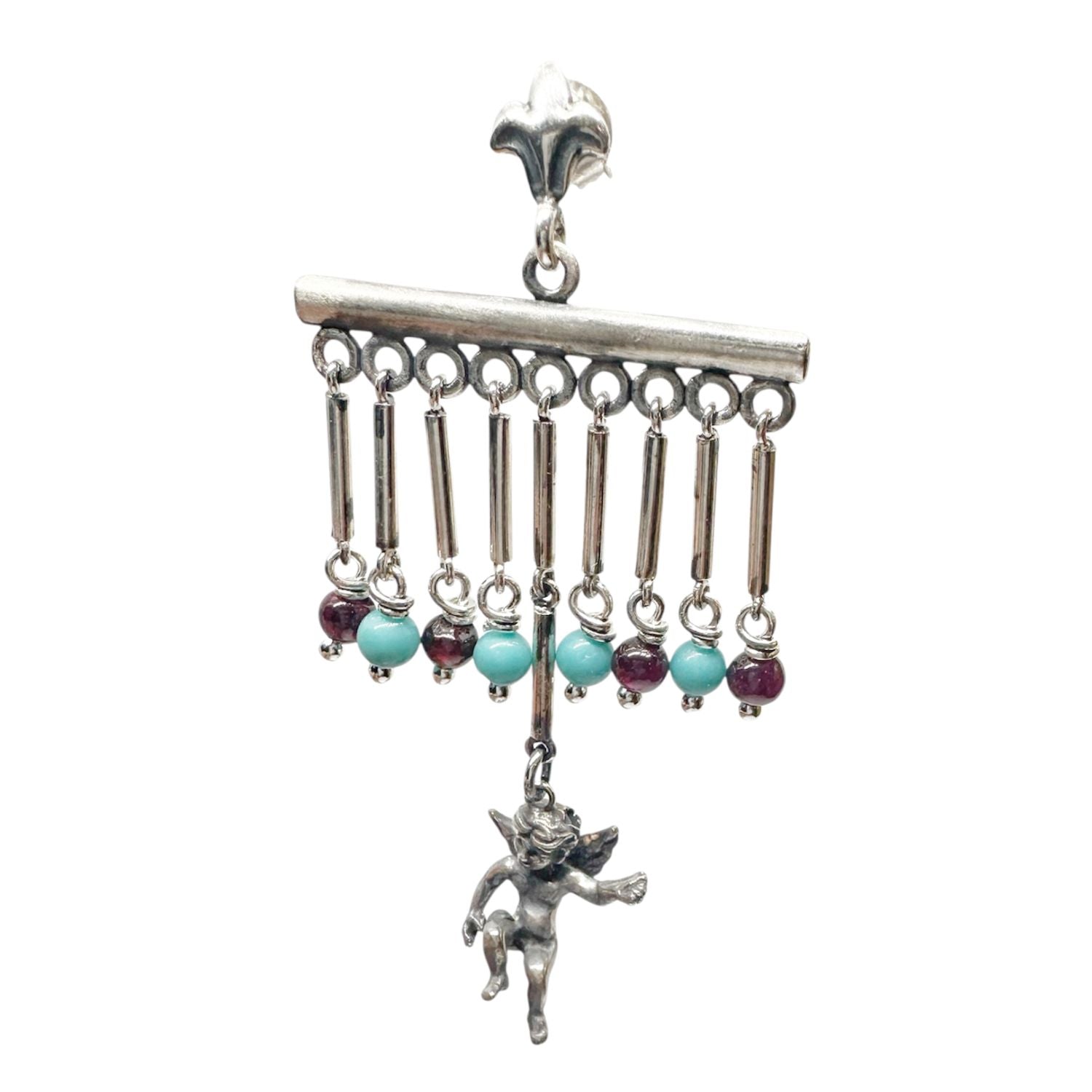 Sterling Silver Cherub Chandelier Earrings with Garnet & Turquoise – Lost Wax Carving