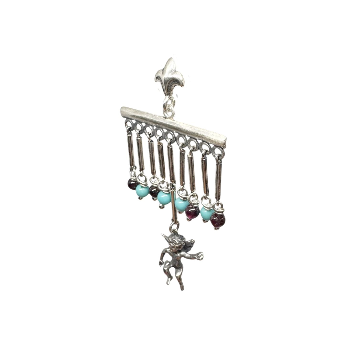Sterling Silver Cherub Chandelier Earrings with Garnet & Turquoise – Lost Wax Carving