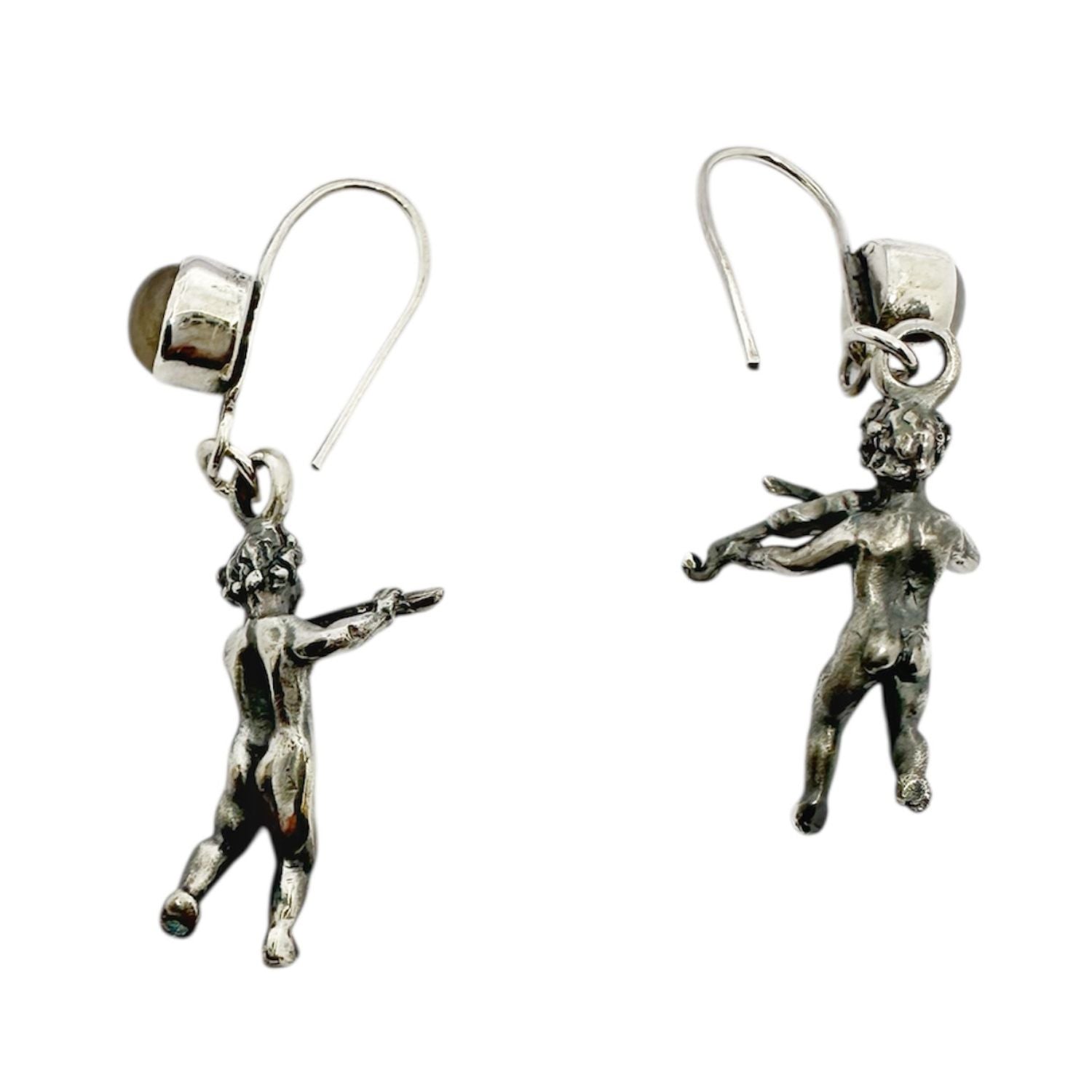 Violin & Flute Cherub Earrings in Sterling Silver with Cat’s Eye Gemstones - One of A Kind