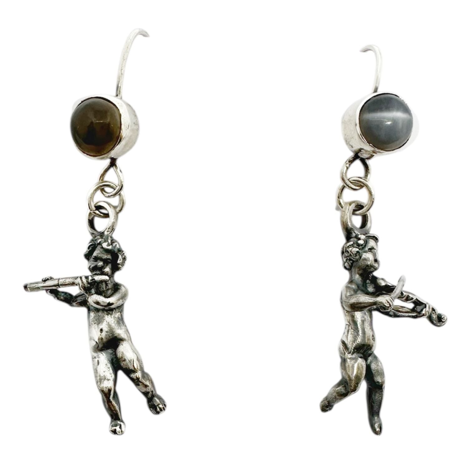 Violin & Flute Cherub Earrings in Sterling Silver with Cat’s Eye Gemstones - One of A Kind