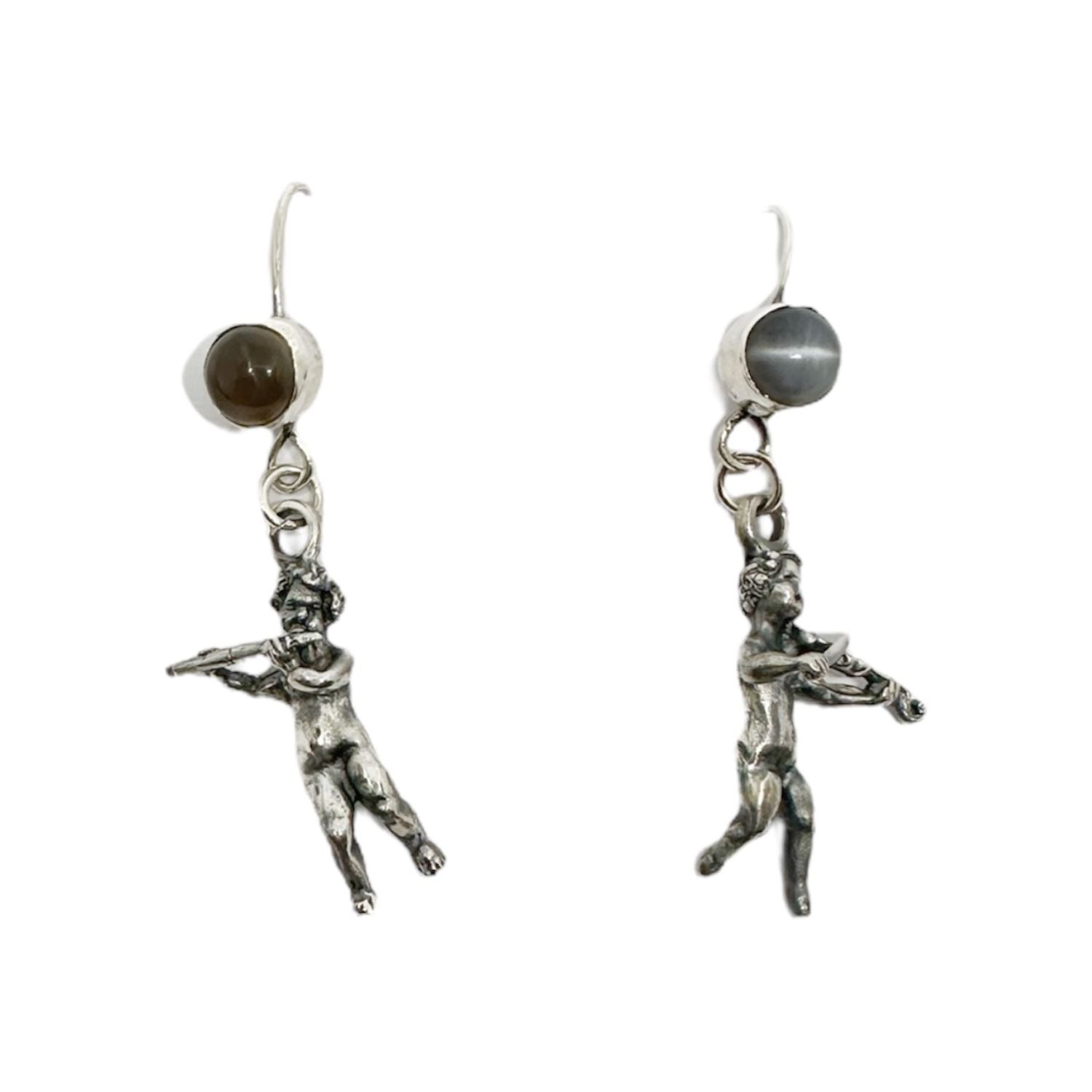 Violin & Flute Cherub Earrings in Sterling Silver with Cat’s Eye Gemstones - One of A Kind