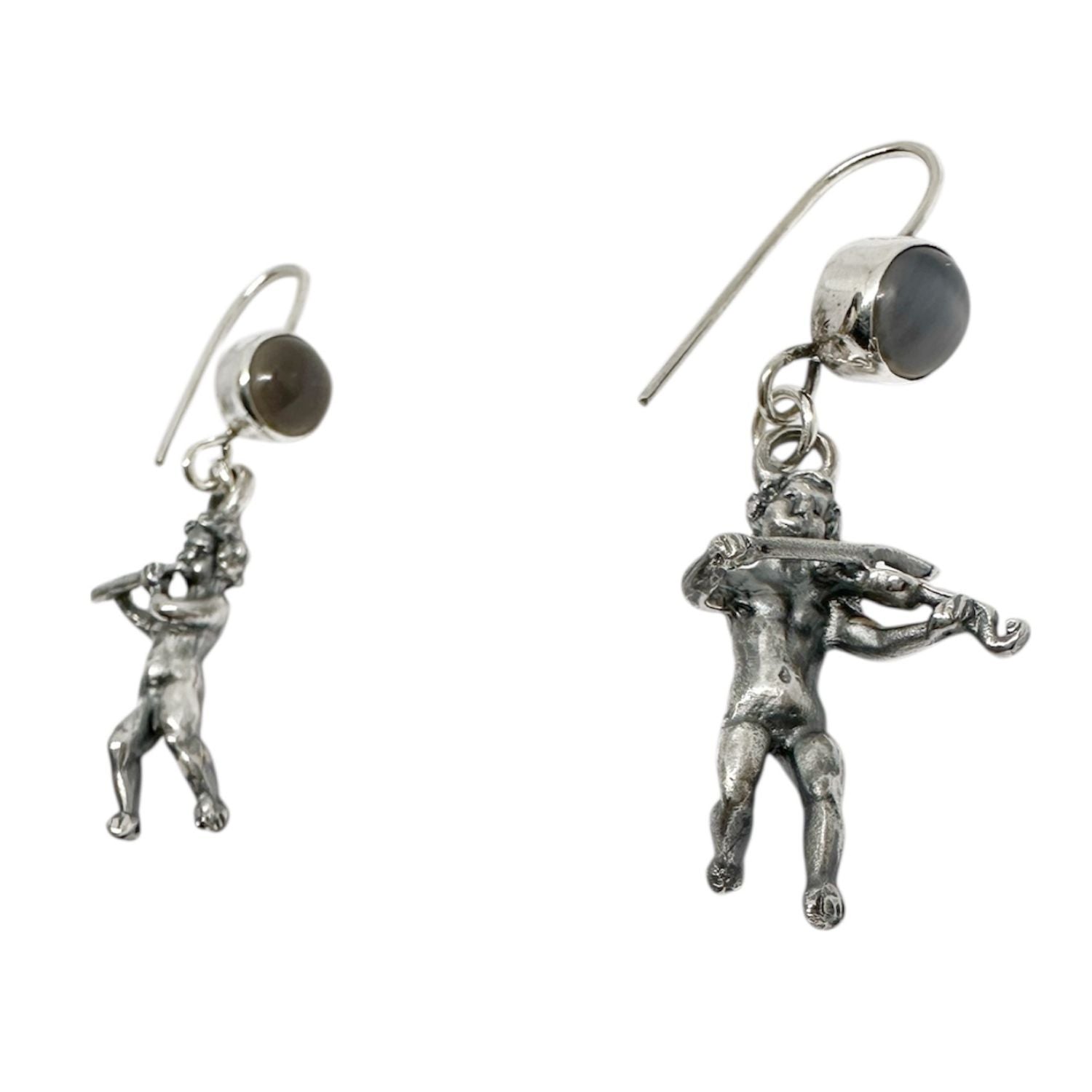 Violin & Flute Cherub Earrings in Sterling Silver with Cat’s Eye Gemstones - One of A Kind