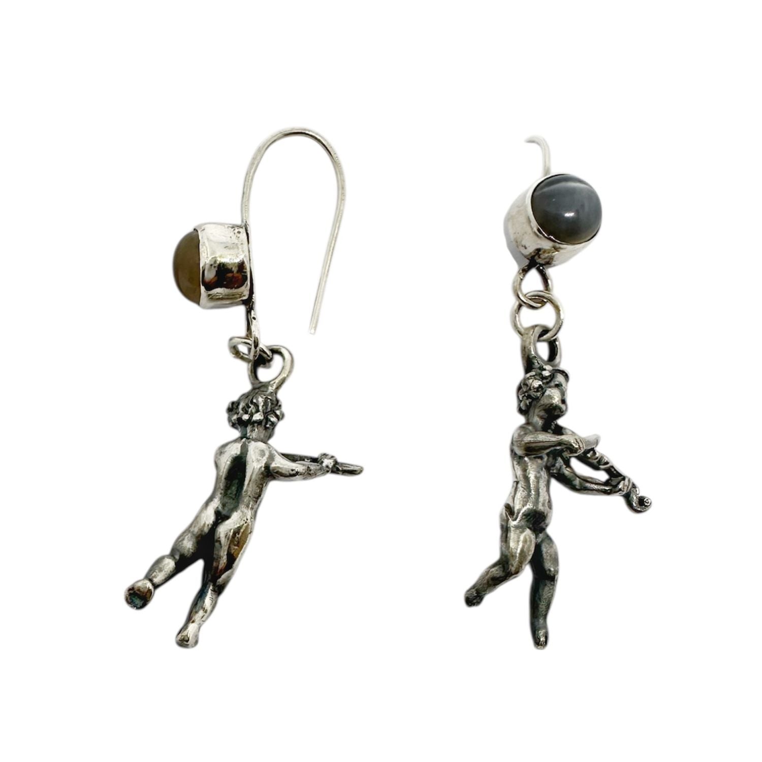 Violin & Flute Cherub Earrings in Sterling Silver with Cat’s Eye Gemstones - One of A Kind