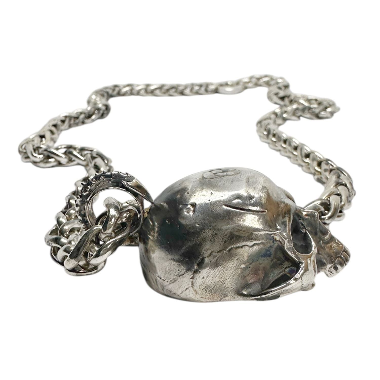 Bold Skull Necklace – One of a Kind Sterling Silver Spiga Chain - Tg-Jewellery By Tamara Gervasio