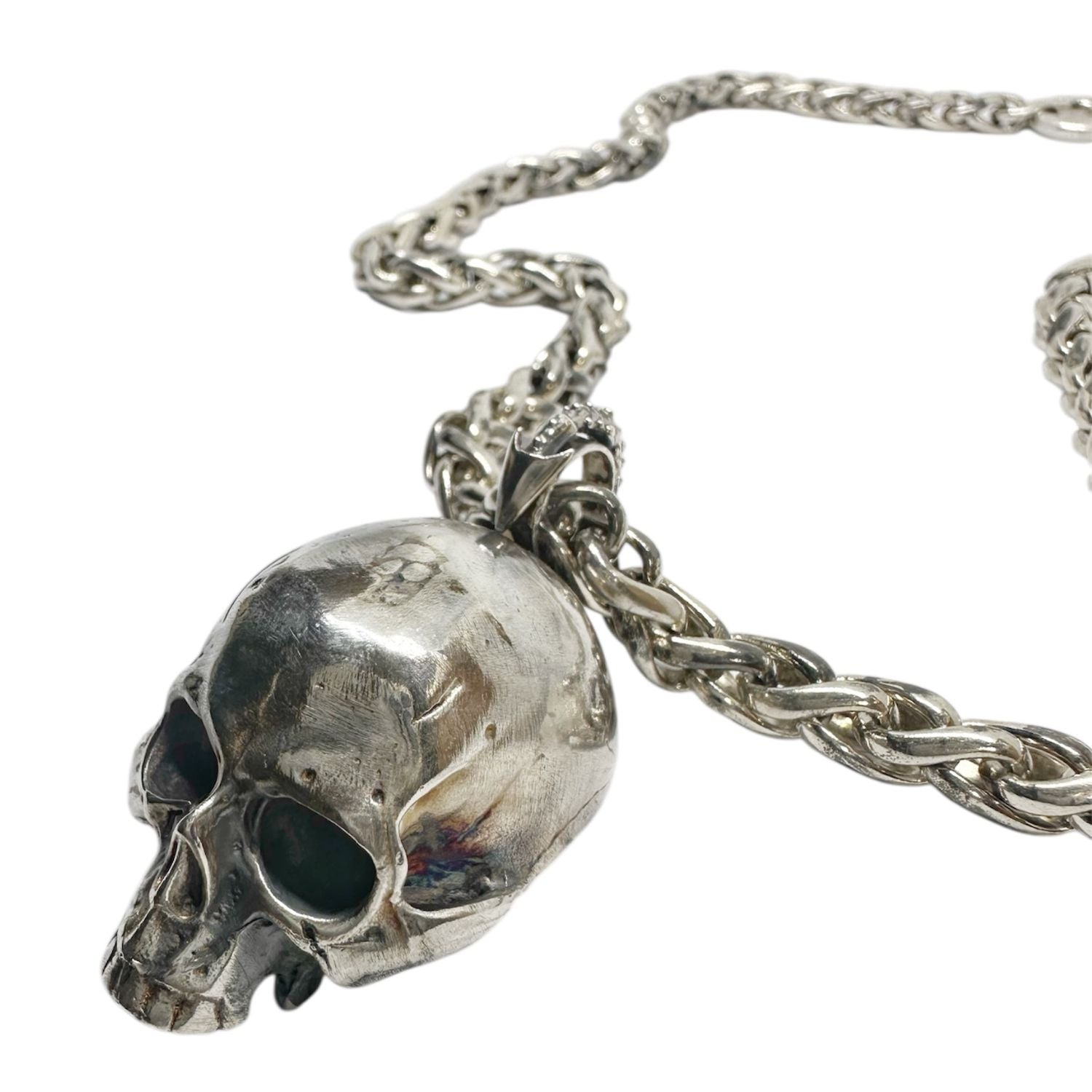 Bold Skull Necklace – One of a Kind Sterling Silver Spiga Chain - Tg-Jewellery By Tamara Gervasio