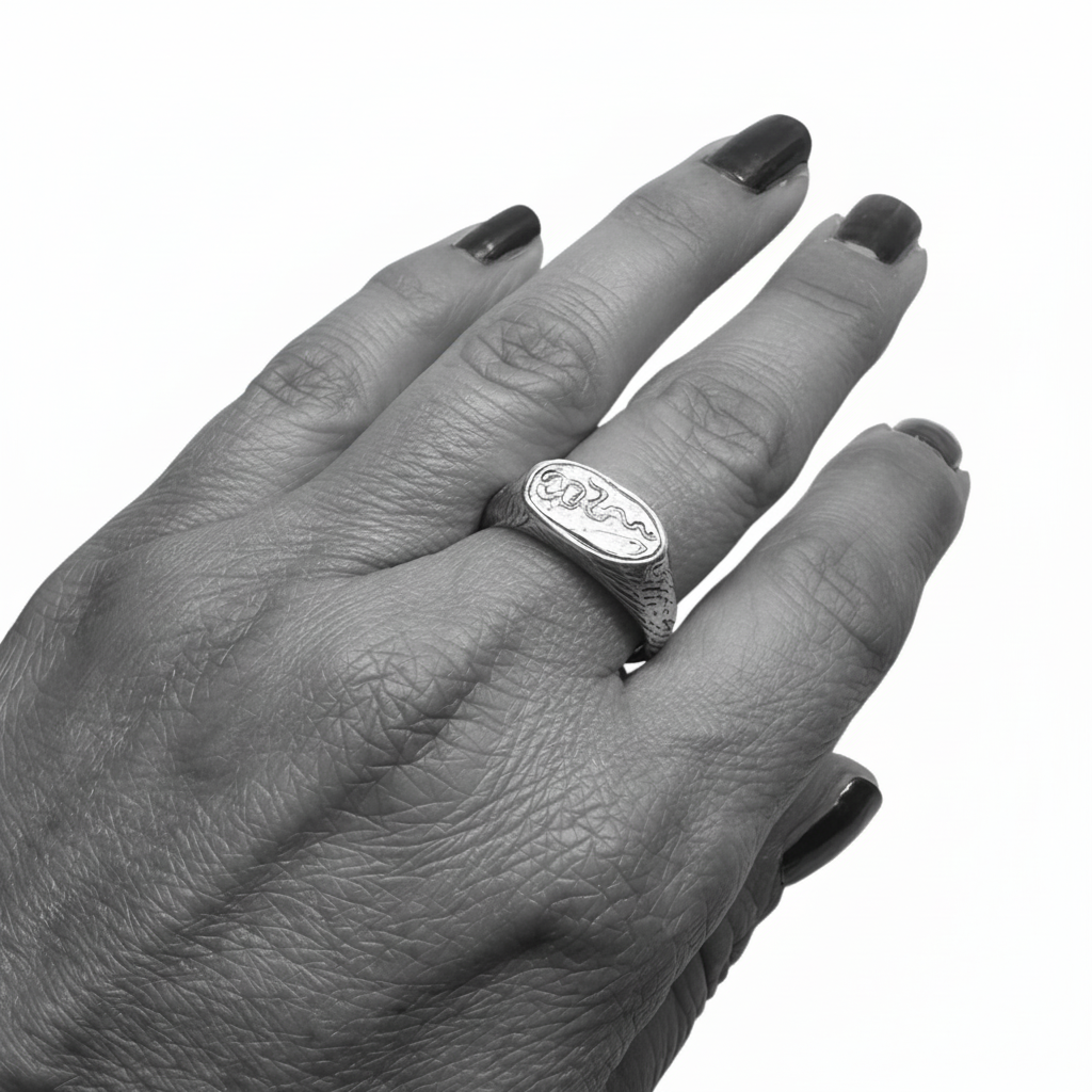 Ancient Sterling Silver Ring with Rod of Asclepius Engraving - One of A Kind