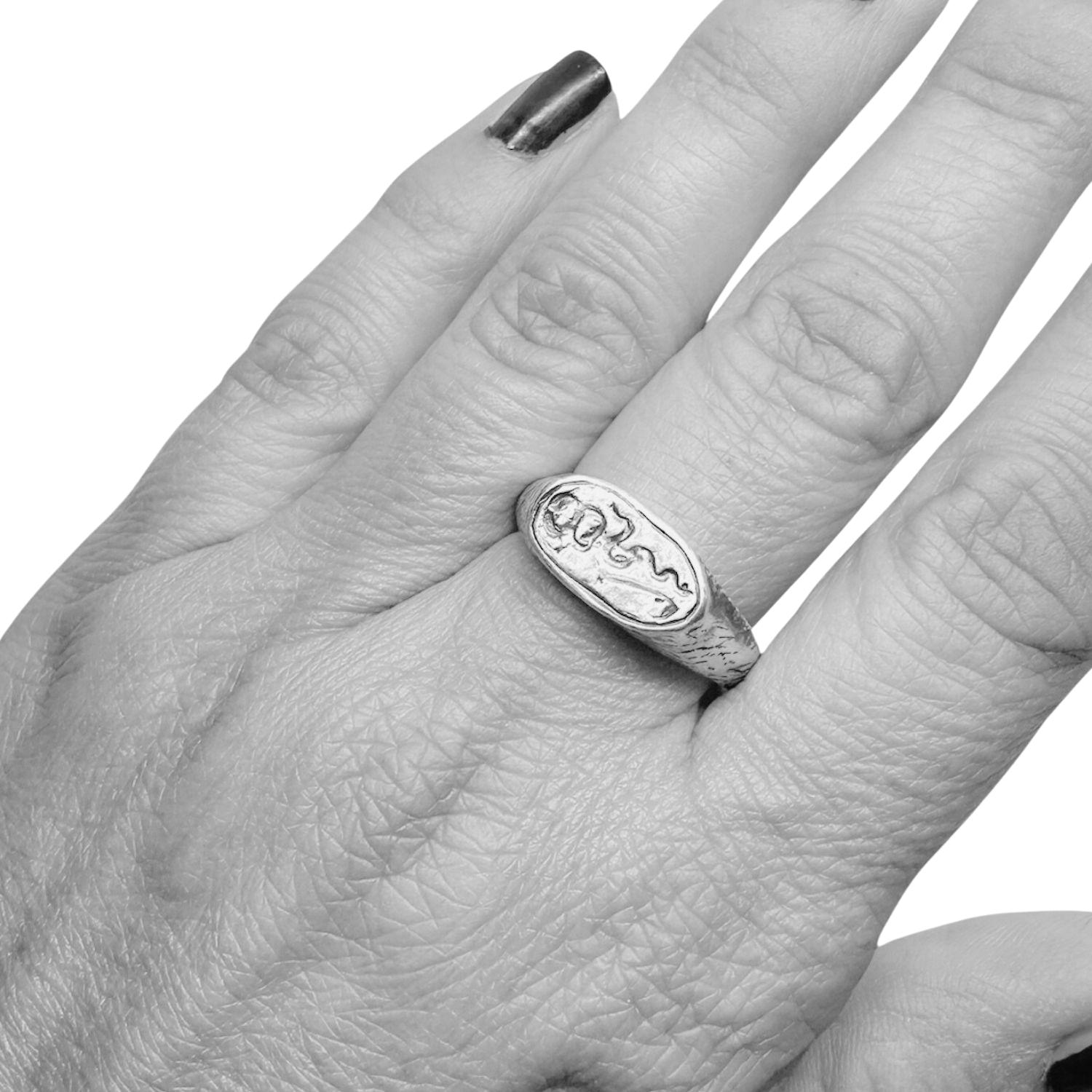 Ancient Sterling Silver Ring with Rod of Asclepius Engraving - One of A Kind