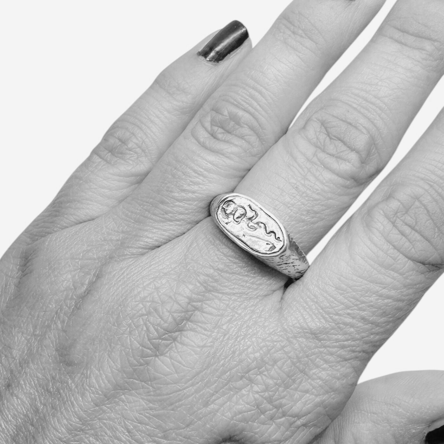 Ancient Sterling Silver Ring with Rod of Asclepius Engraving - One of A Kind