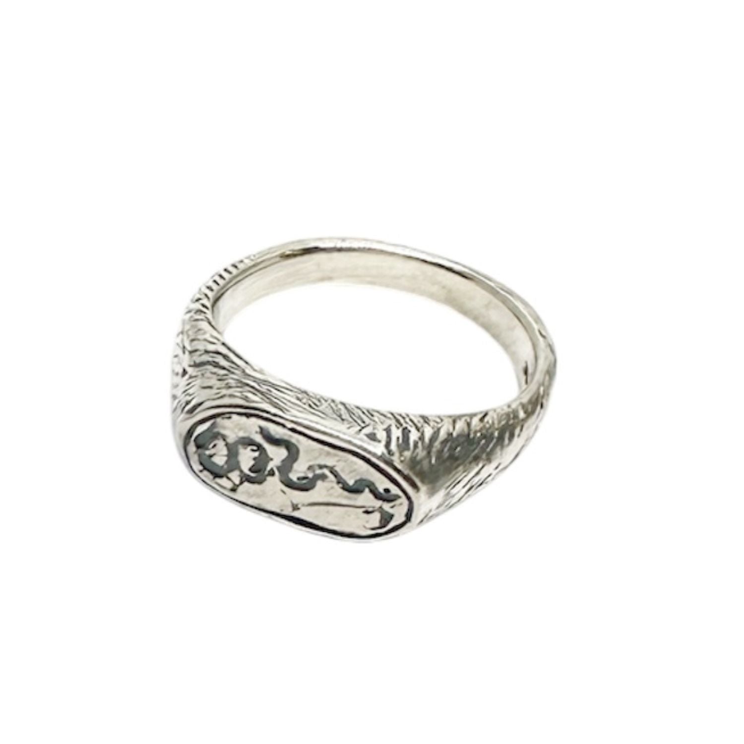 Ancient Sterling Silver Ring with Rod of Asclepius Engraving - One of A Kind