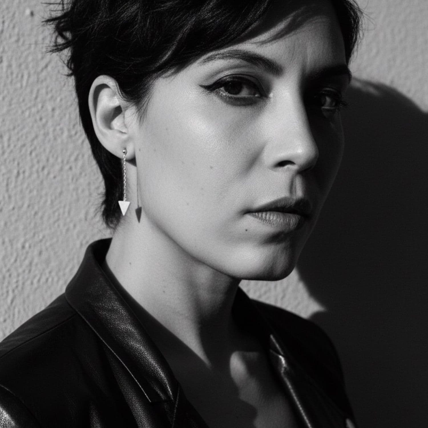 Model wearing sterling silver 925 hammered triangle drop earrings, 41.5mm drop, showing movement and scale